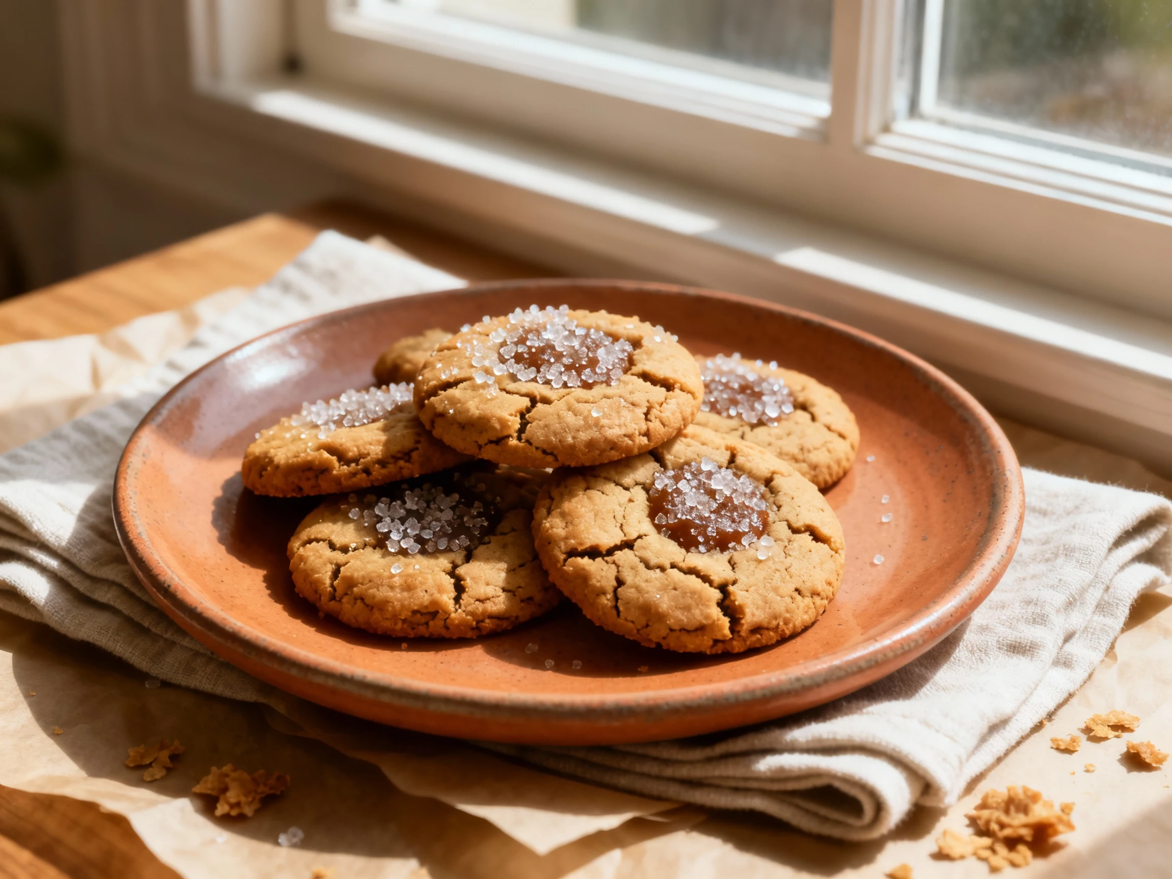 Food photography, Beautifully presented ginger molasses snaps on a warm-toned stoneware plate, crinkly tops sparkling wi