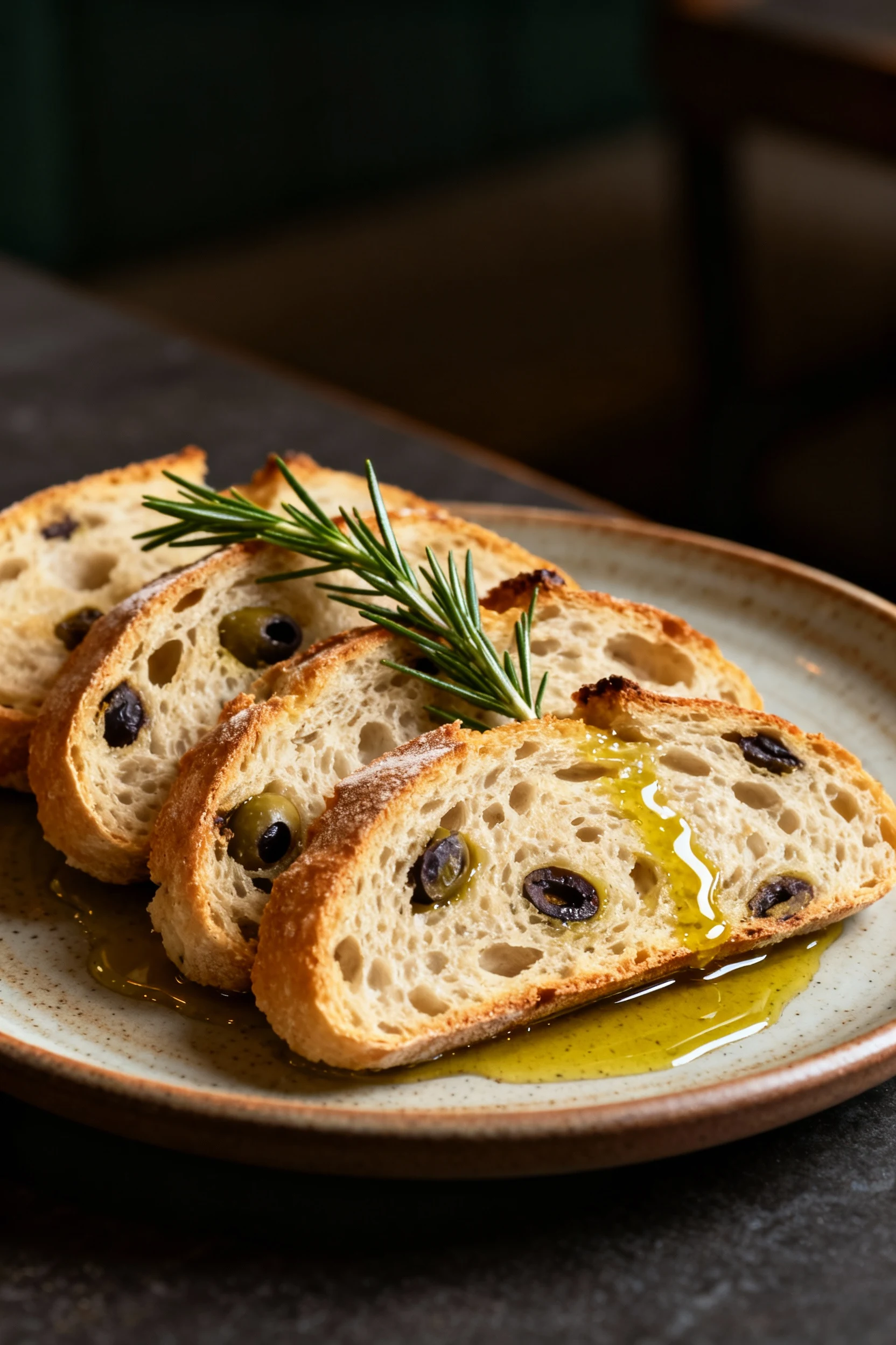Plated olive & rosemary sourdough variation, thick slices arranged on a ceramic platter, garnished with fresh rosemary s