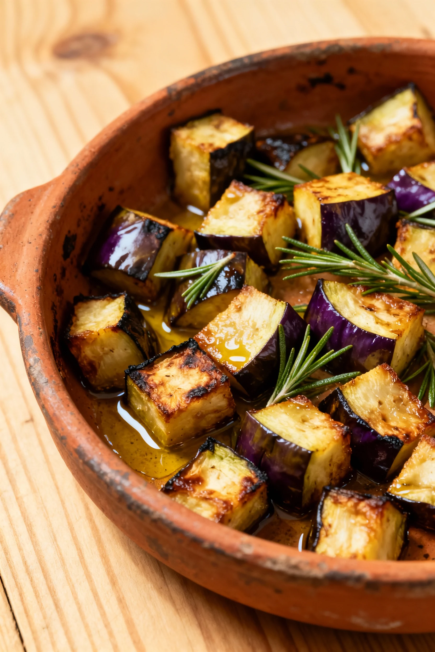 Perfectly roasted cubed eggplant tossed with rosemary and olive oil, displayed in a rustic baking dish against a clean w