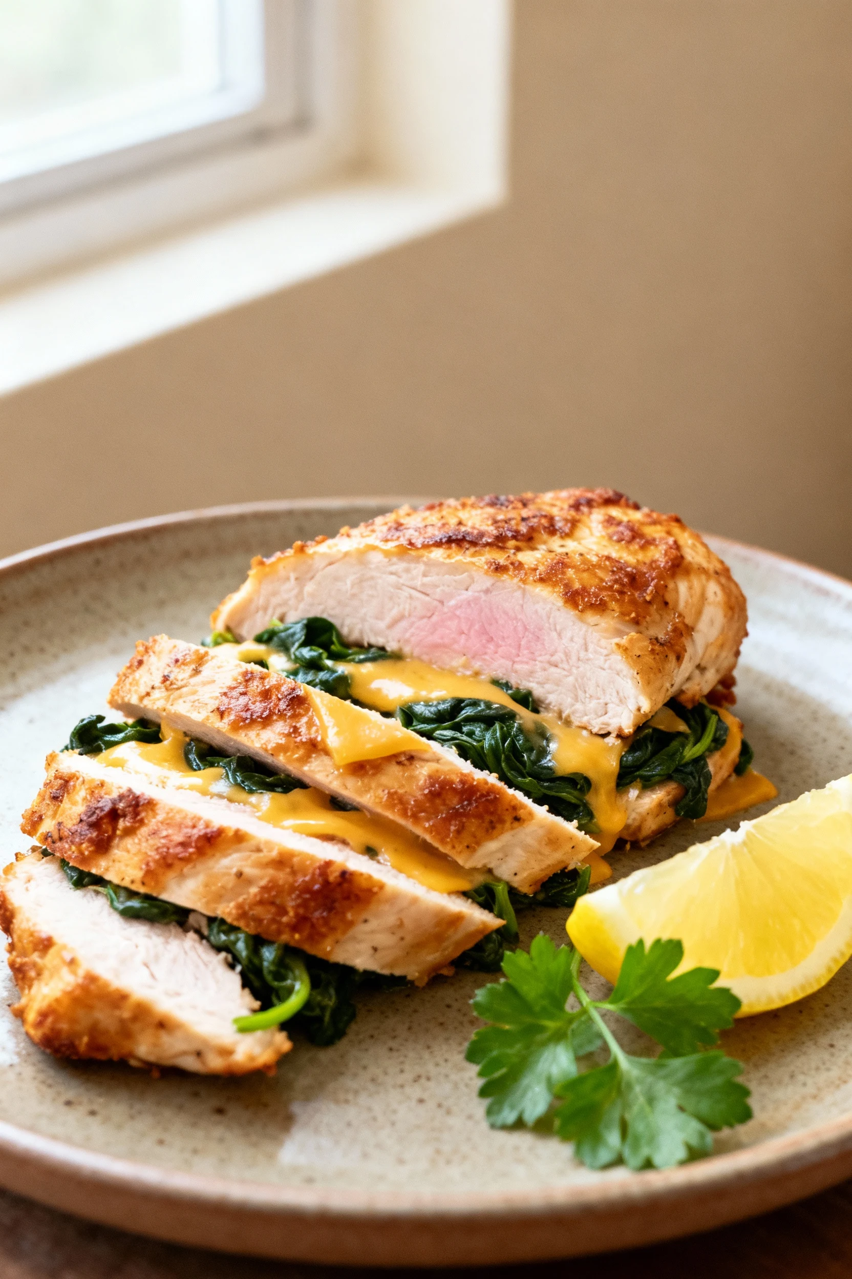 Restaurant-quality plated presentation of sliced baked chicken breast revealing juicy interior, layered with spinach and