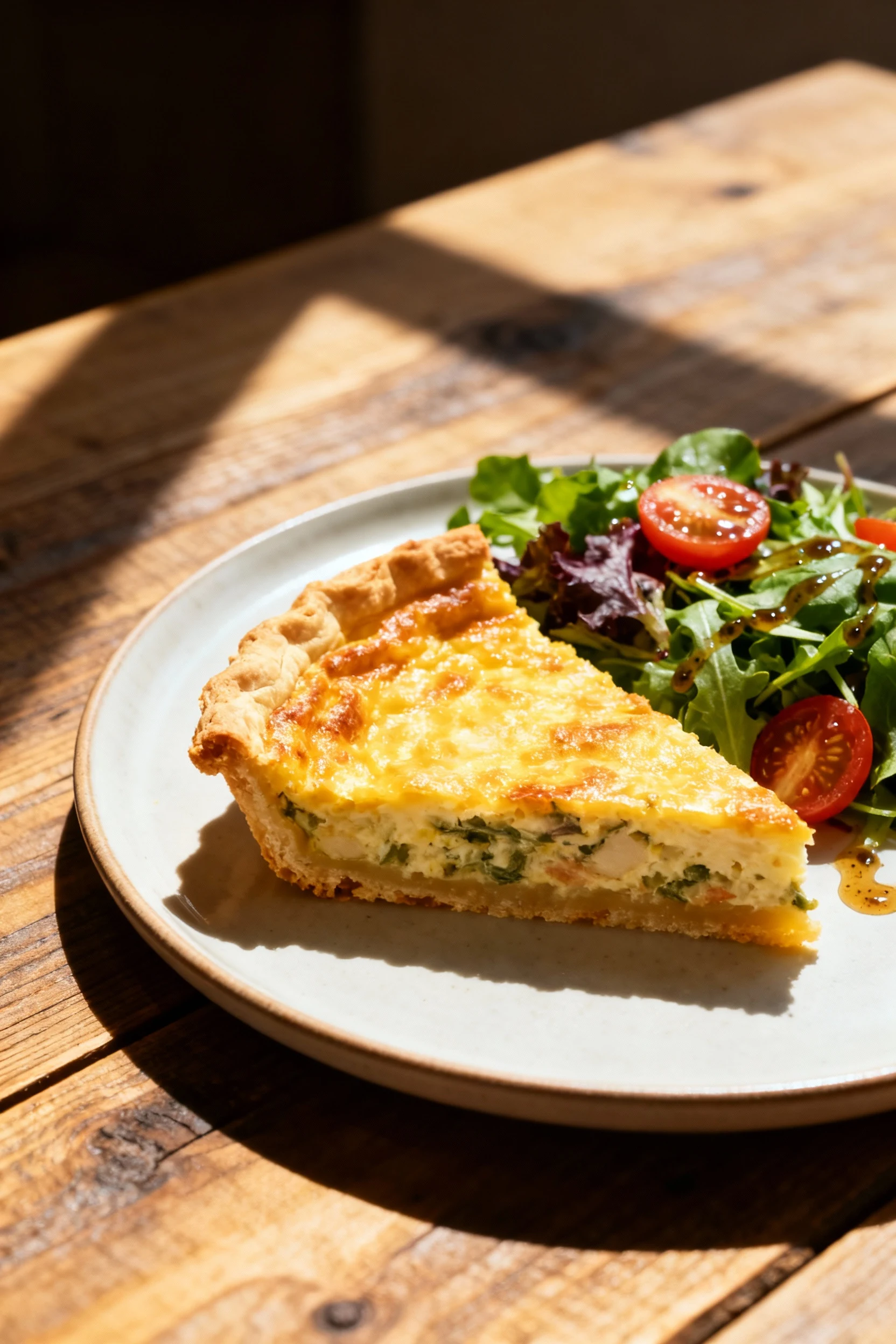 4. Elegant final presentation of a quiche wedge plated with a side salad of mixed greens and cherry tomatoes, drizzled w