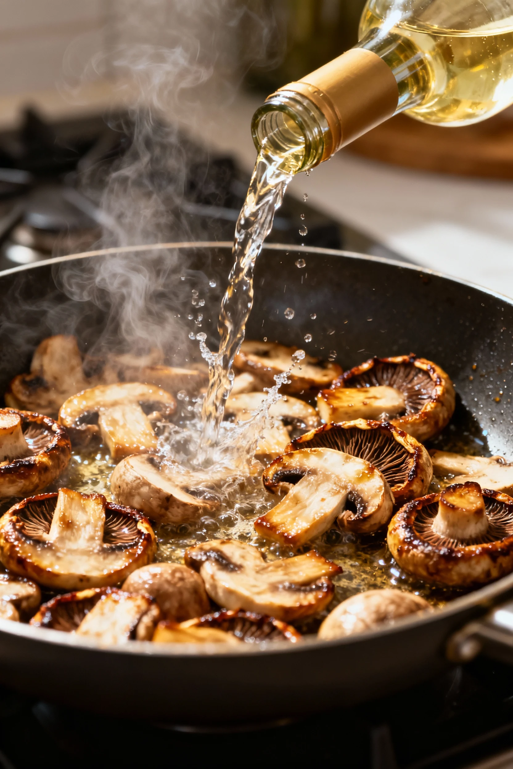 Cooking process shot of mushrooms sizzling in a wide frying pan with a splash of white wine reducing, releasing steam, c
