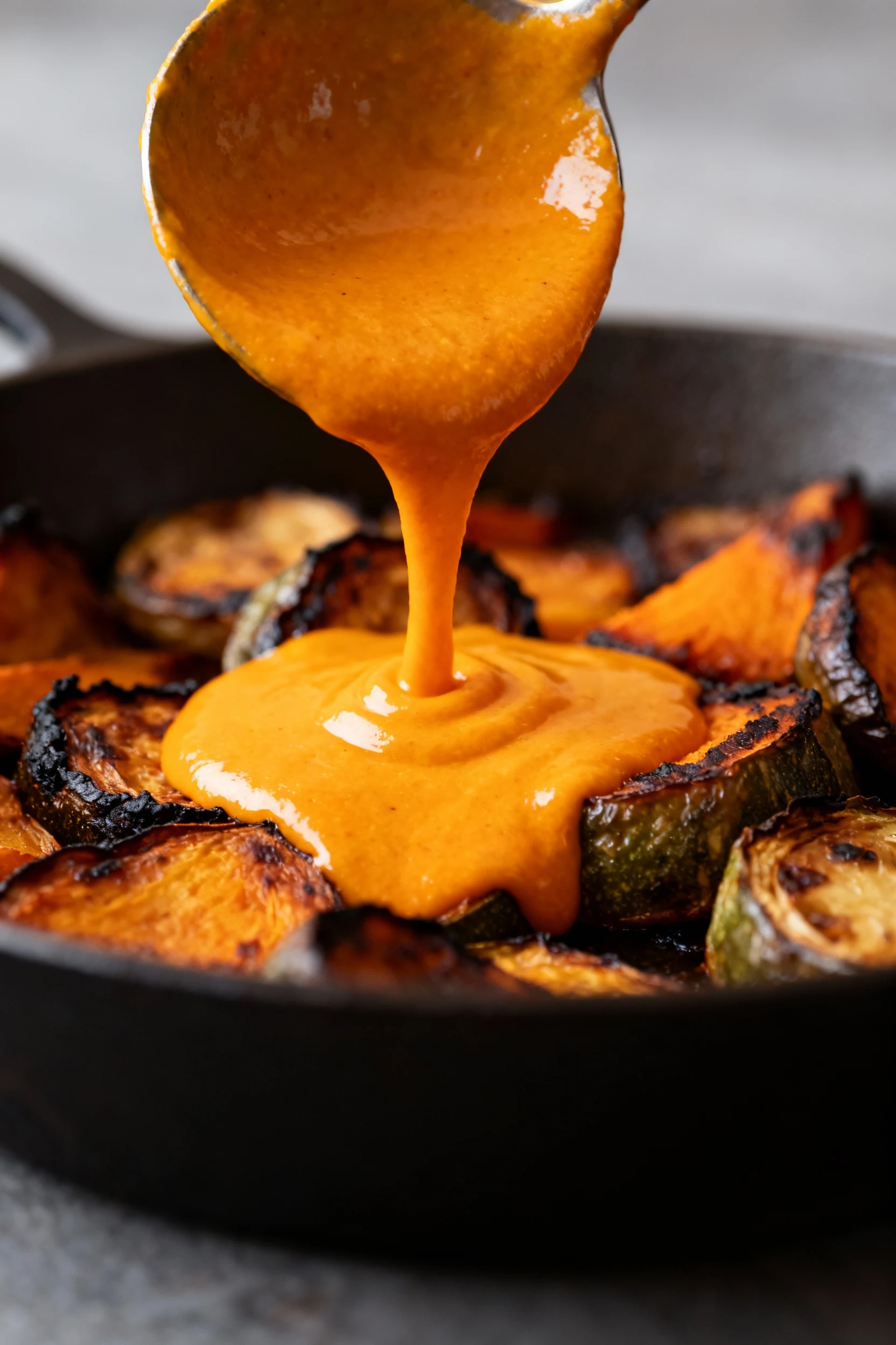 Close-up of thick, creamy pumpkin sauce being ladled over roasted vegetables in a pan, vibrant orange contrasting with c