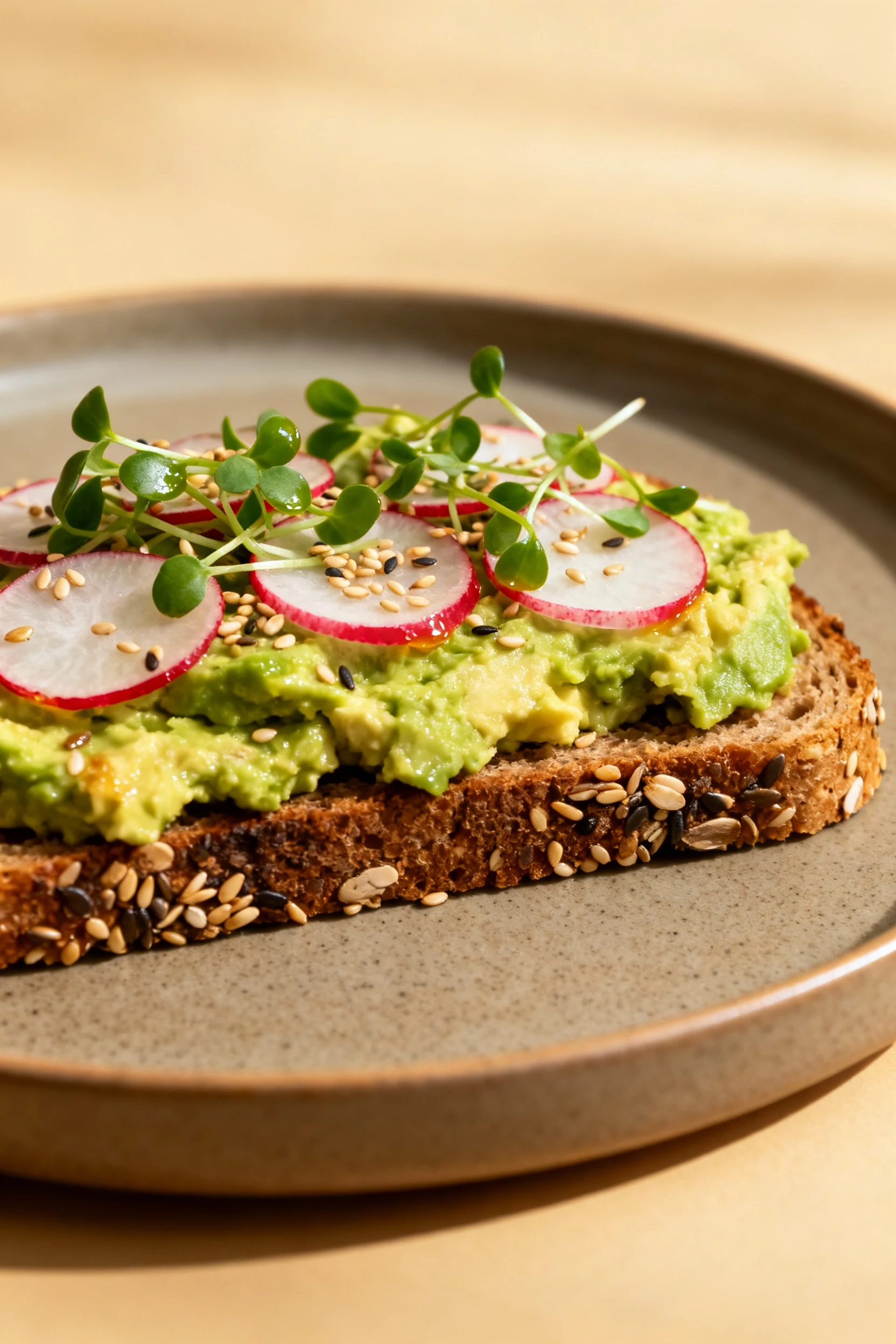 Beautifully plated ribeye topped with a melt of aged cheese, paired with fried eggs and bacon, minimalist modern plate o