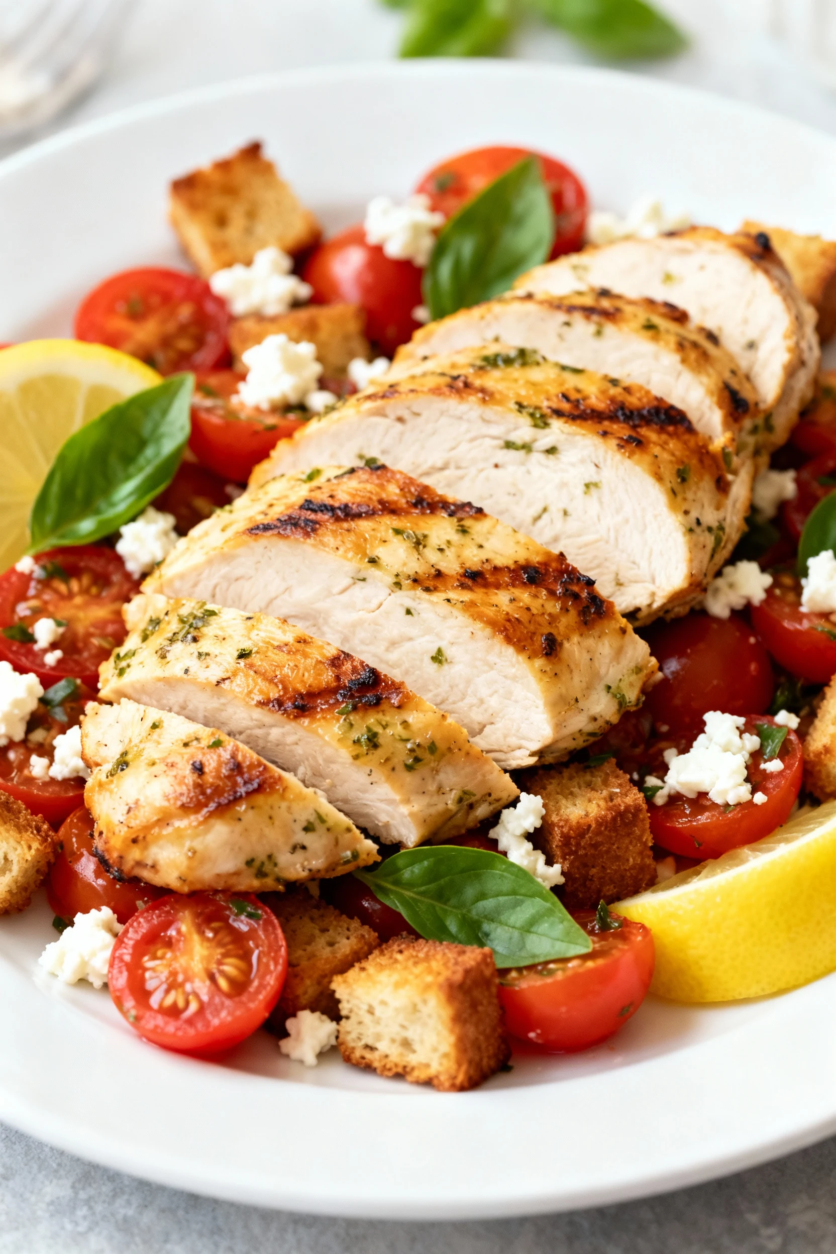 4. Beautifully plated sliced grilled lemon-herb chicken over burst tomato panzanella on a white platter, finished with c