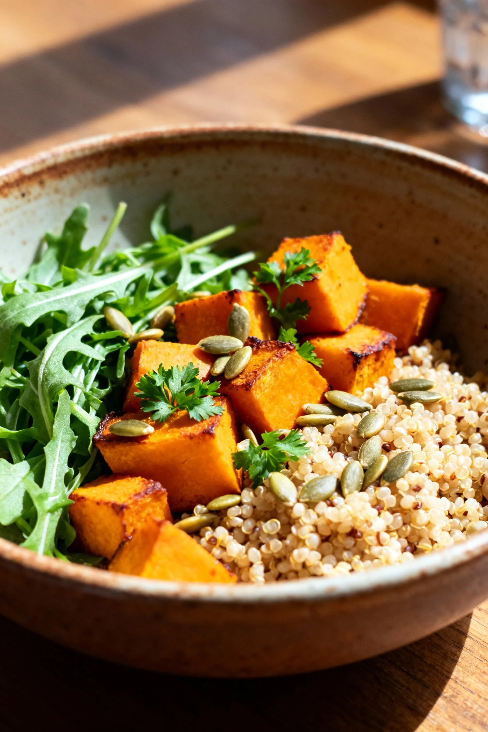 Beautifully plated autumn grain bowl with roasted pumpkin cubes, quinoa, and arugula, sprinkled with toasted pumpkin see