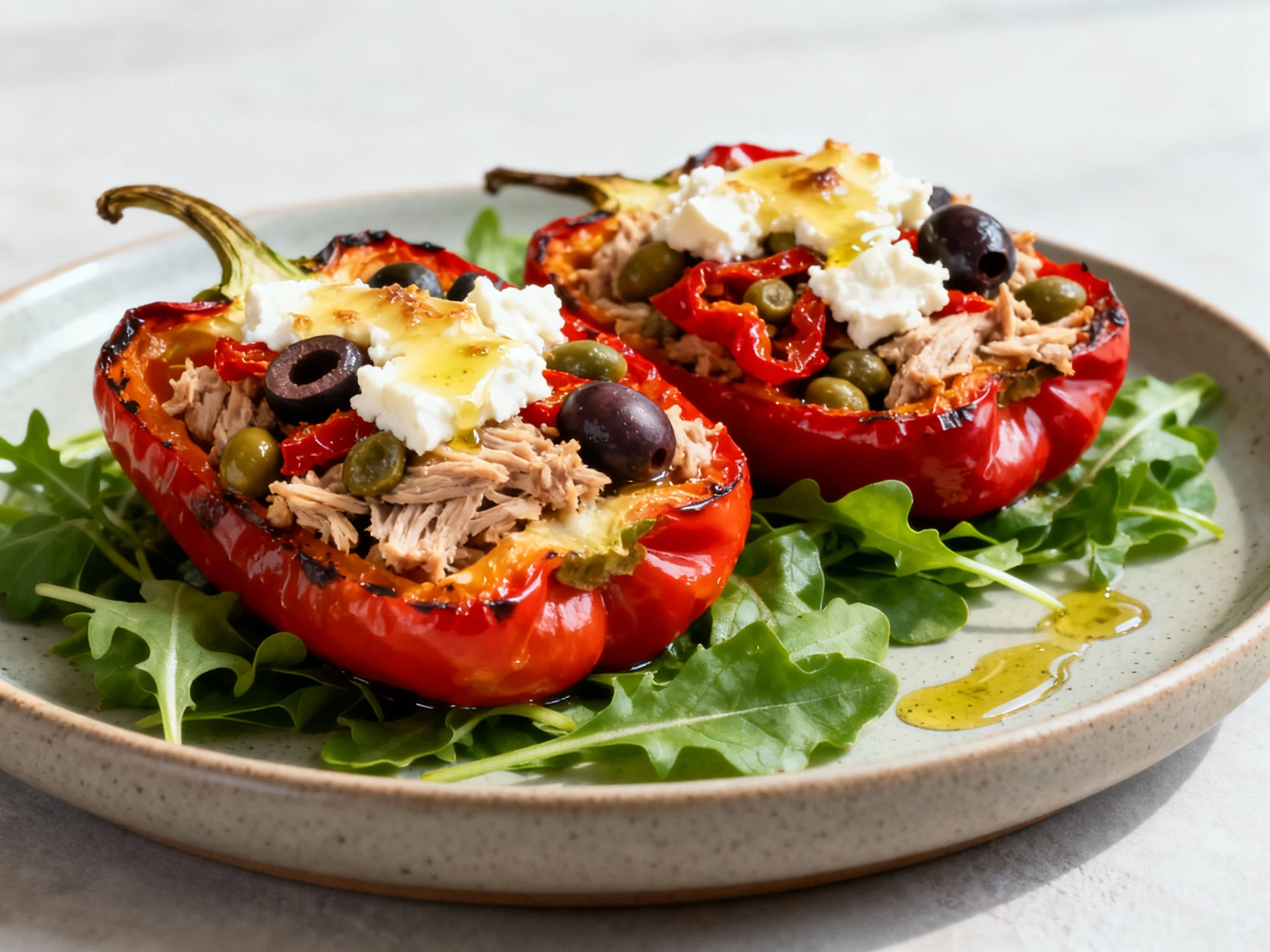 Food photography, Final dish: Mediterranean tuna-stuffed peppers on matte ceramic—roasted pepper halves filled with tuna