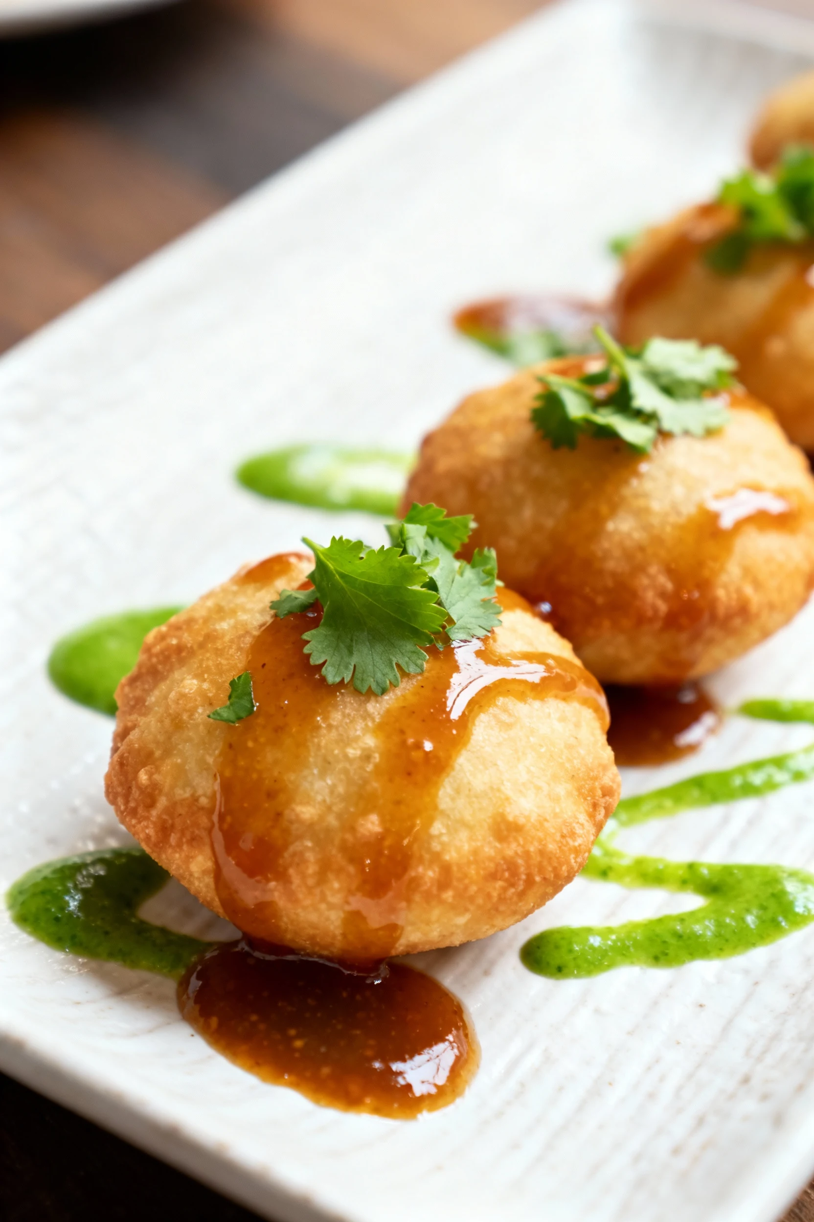 Beautifully plated kachori-style fried snacks on a ceramic plate, artfully drizzled with tamarind and mint chutneys, gar