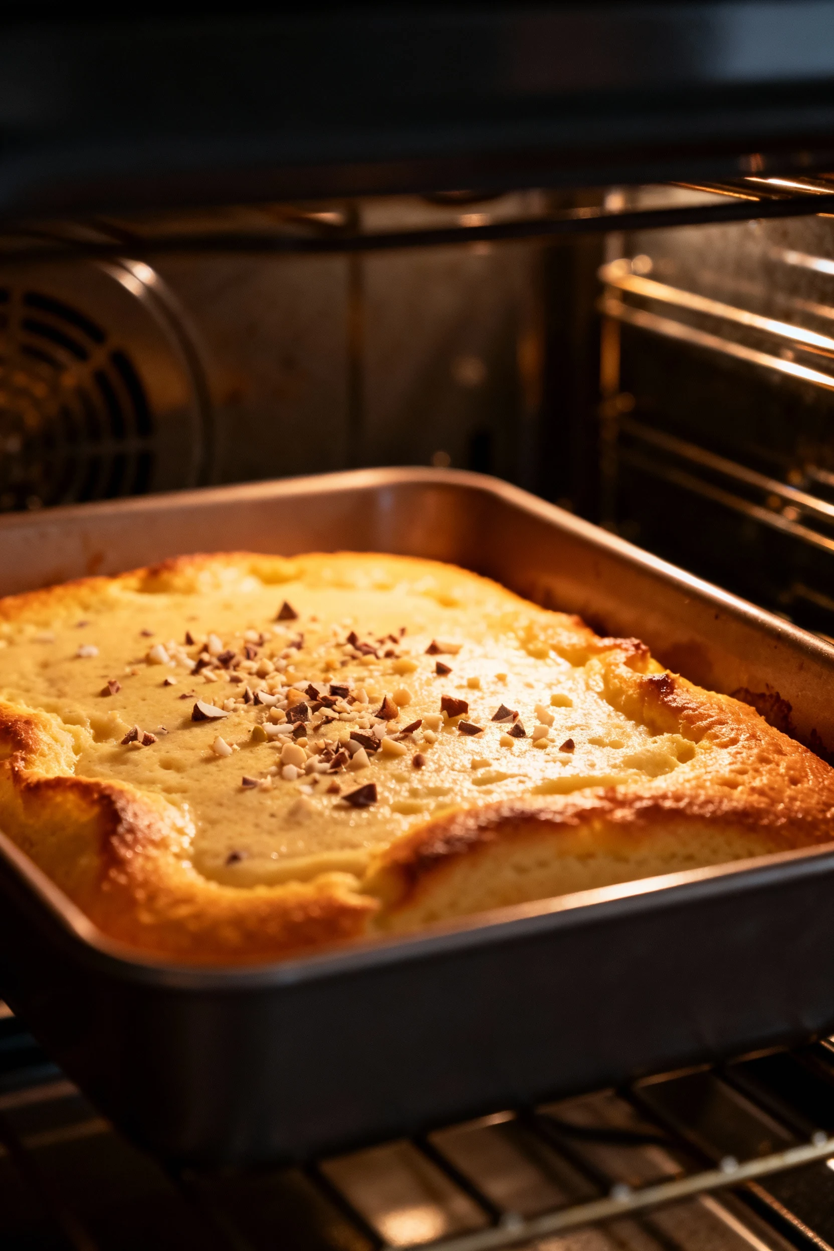 Mid-bake scene showing batter in a baking dish rising and edges turning golden, captured inside oven with warm lighting 