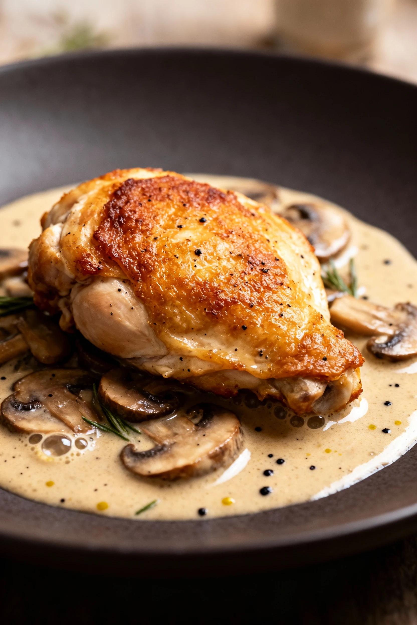 Close-up detail: Creamy Mushroom chicken thigh with ultra-crisp skin resting above a velvety cremini mushroom–Dijon–thym