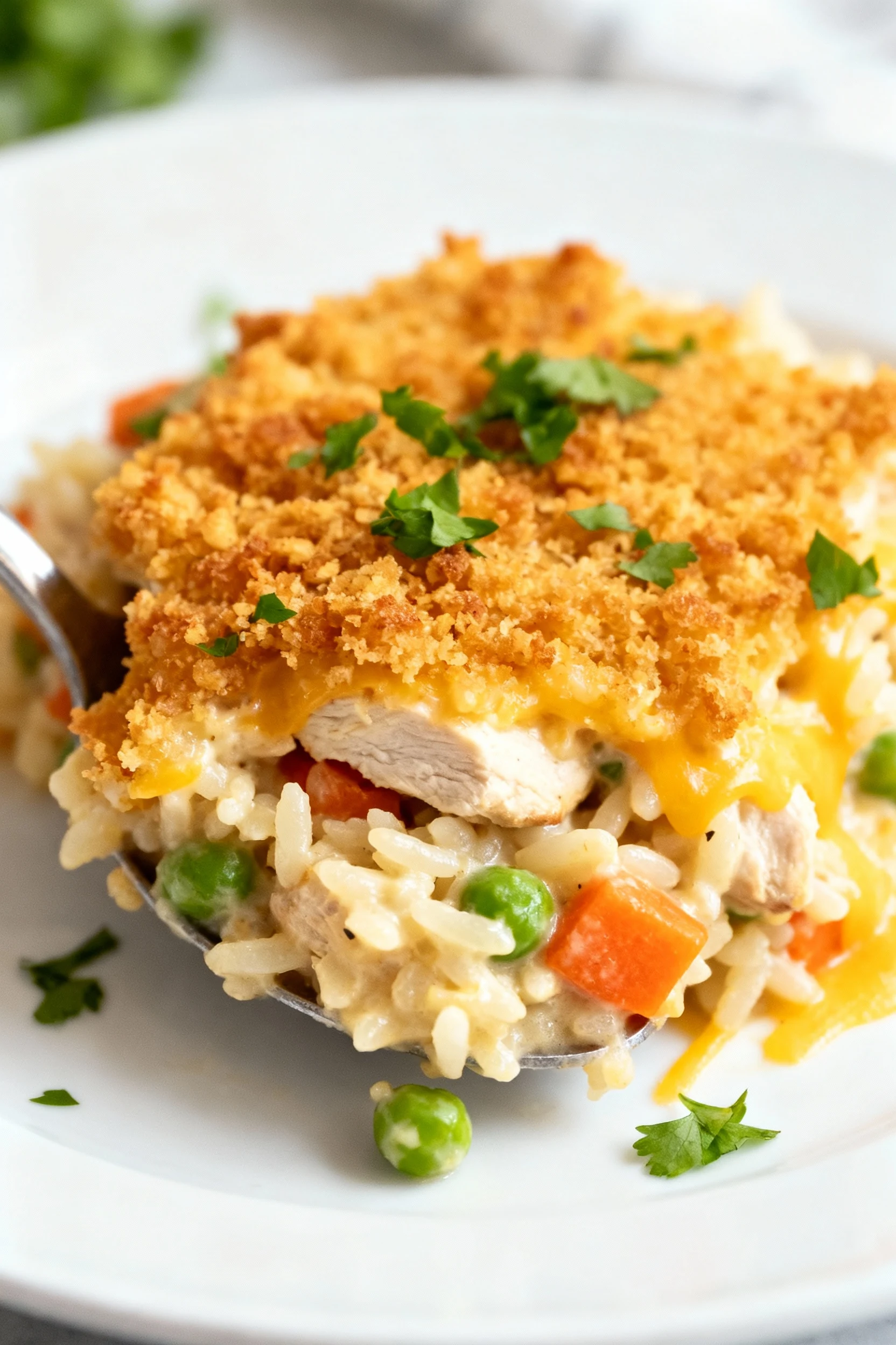 4. Final dish - beautifully plated generous scoop of creamy chicken-and-rice casserole on a warm white plate, golden cru