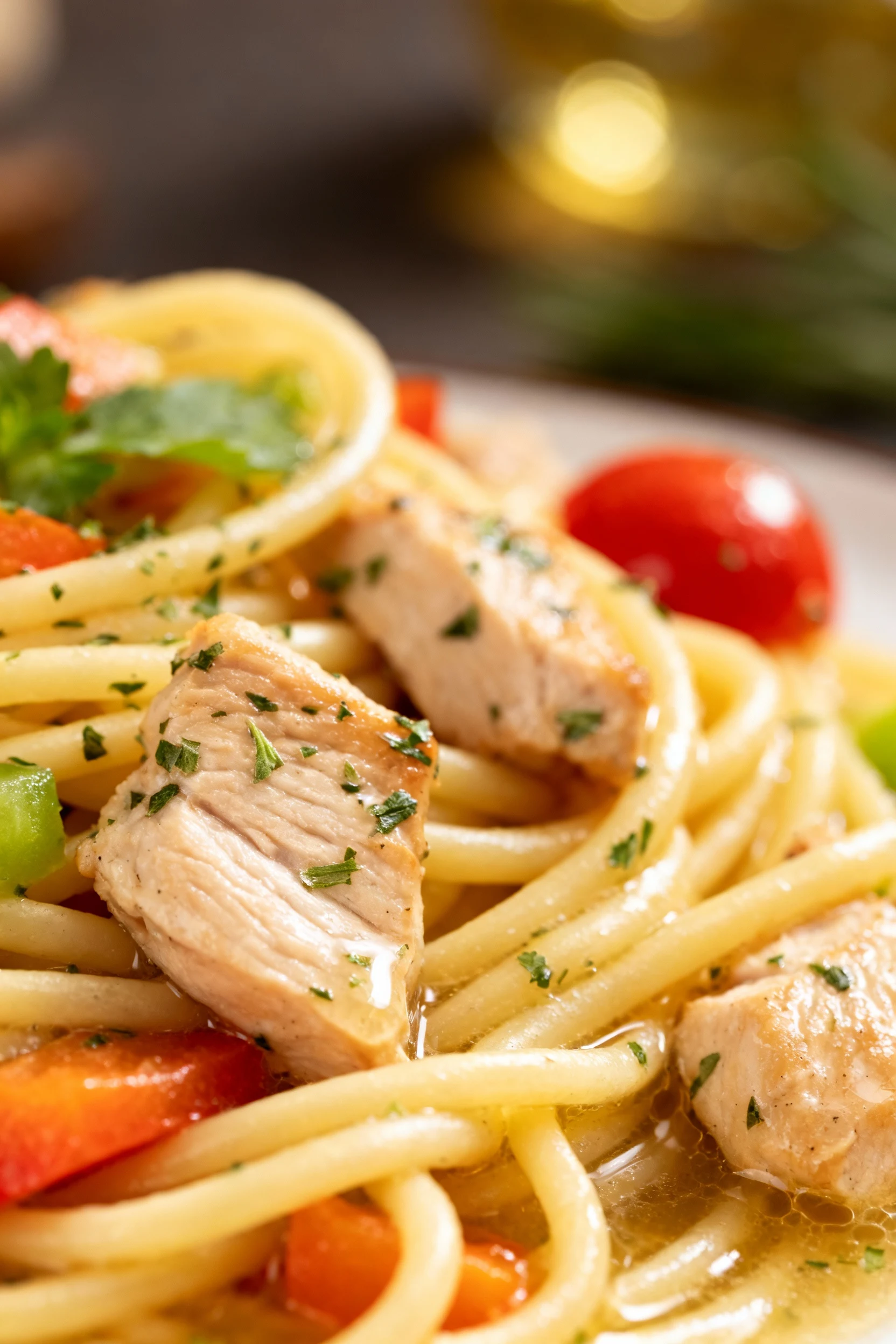 Close-up detail of pasta intertwined with juicy chicken pieces and bright vegetables, lightly coated in broth reduction,