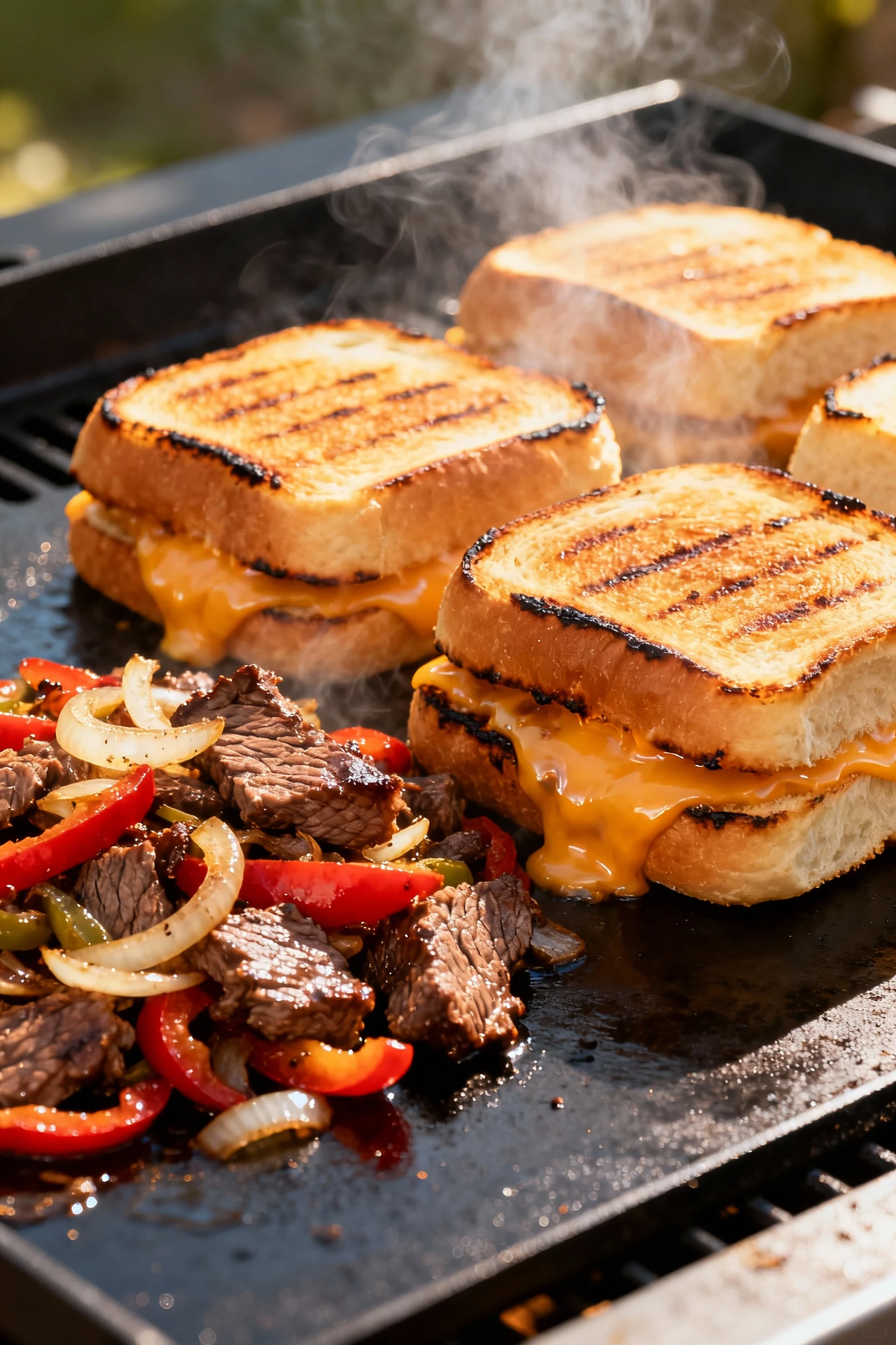 Process shot of toasted sandwich rolls warming alongside a mound of steak-veggie mix on the Blackstone, cheese mid-melt 