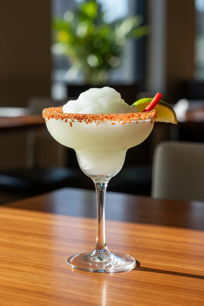 4. Final presentation of a frozen margarita with a generous chili–lime zest salt rim, slushy texture with soft peaks, li