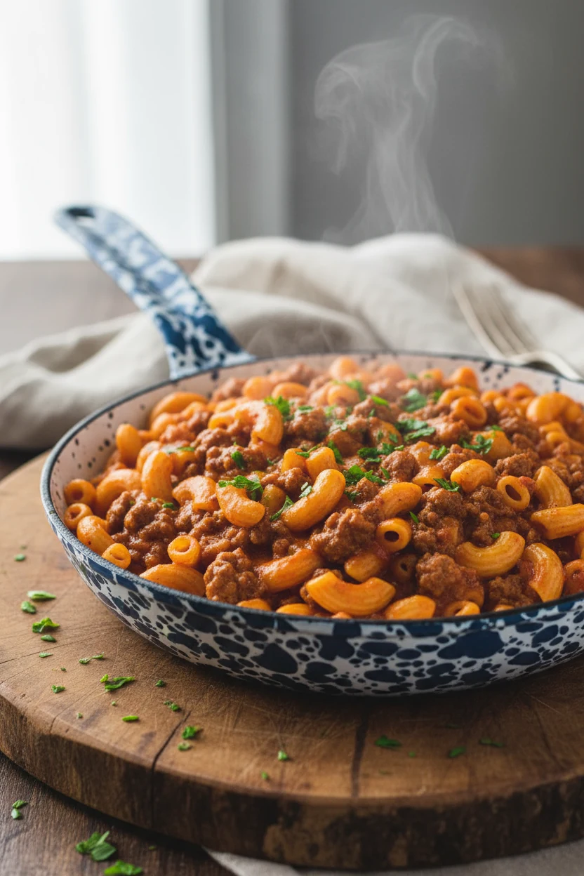 Three-quarter hero of American-style goulash: elbow macaroni with beef in a paprika-tomato sauce, glossy and steamy, par