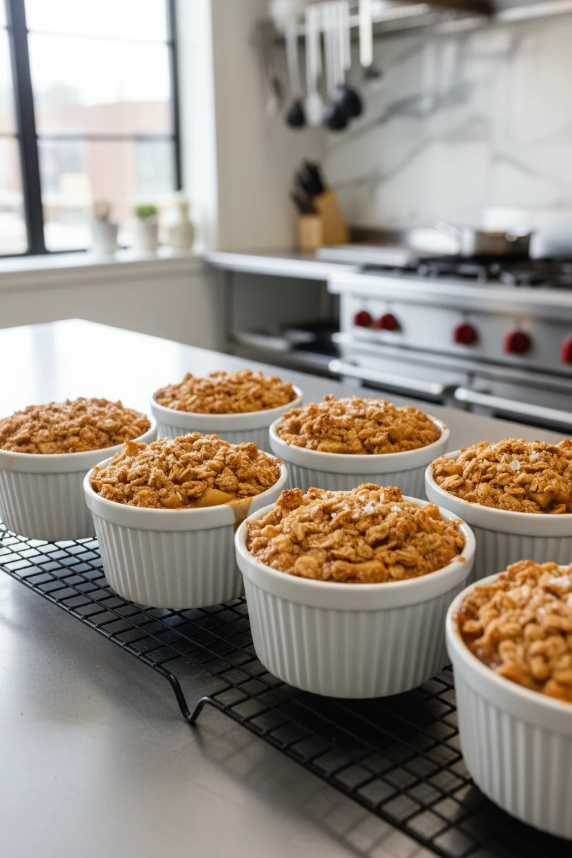 Cooking process — mini apple crisps in ramekins just finished in the air fryer: tops uniformly golden with oat clusters,