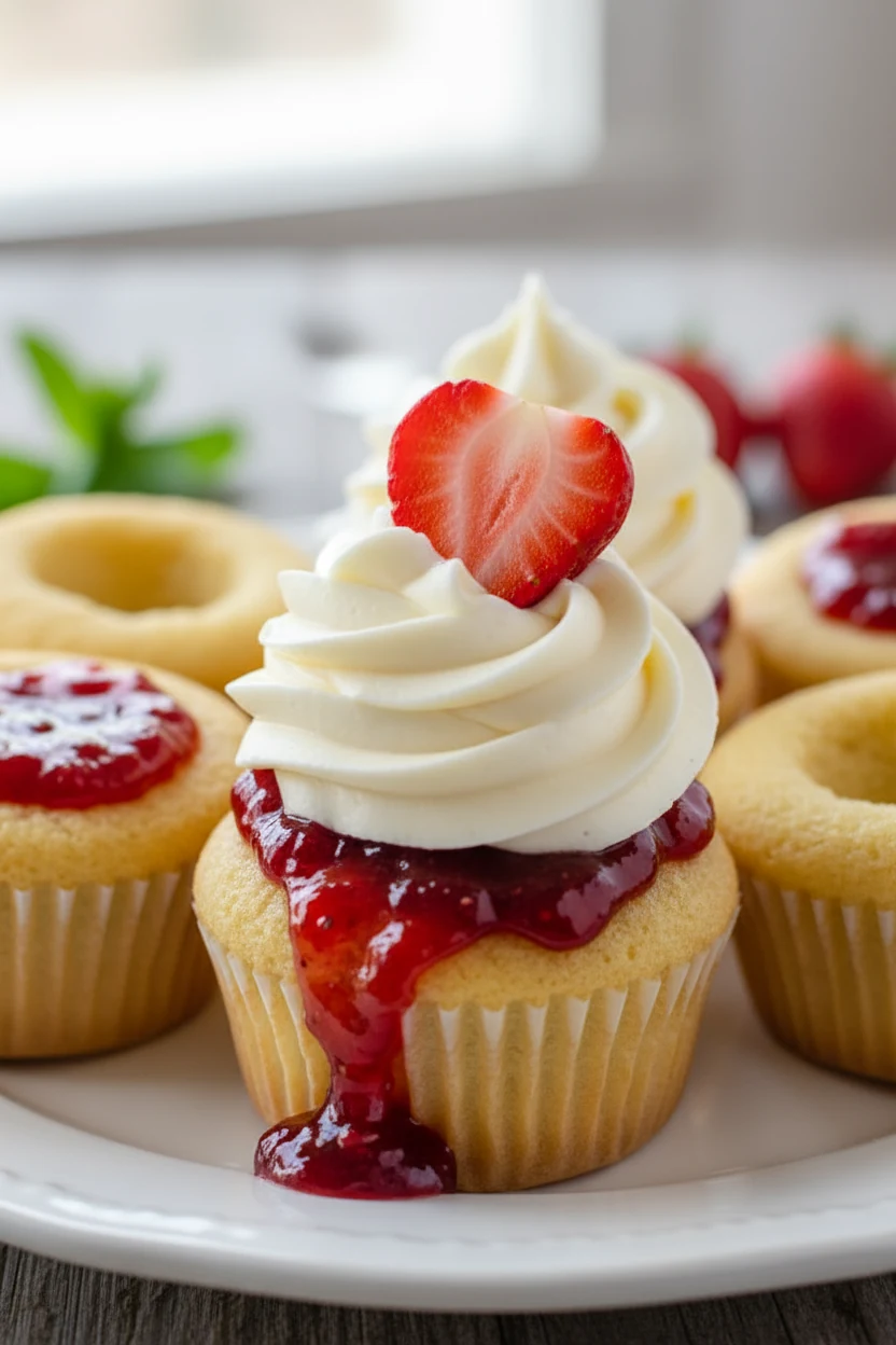 4. Cooking process: cooled cupcakes being filled with glossy strawberry jam in cored centers for the Strawberry Shortcak