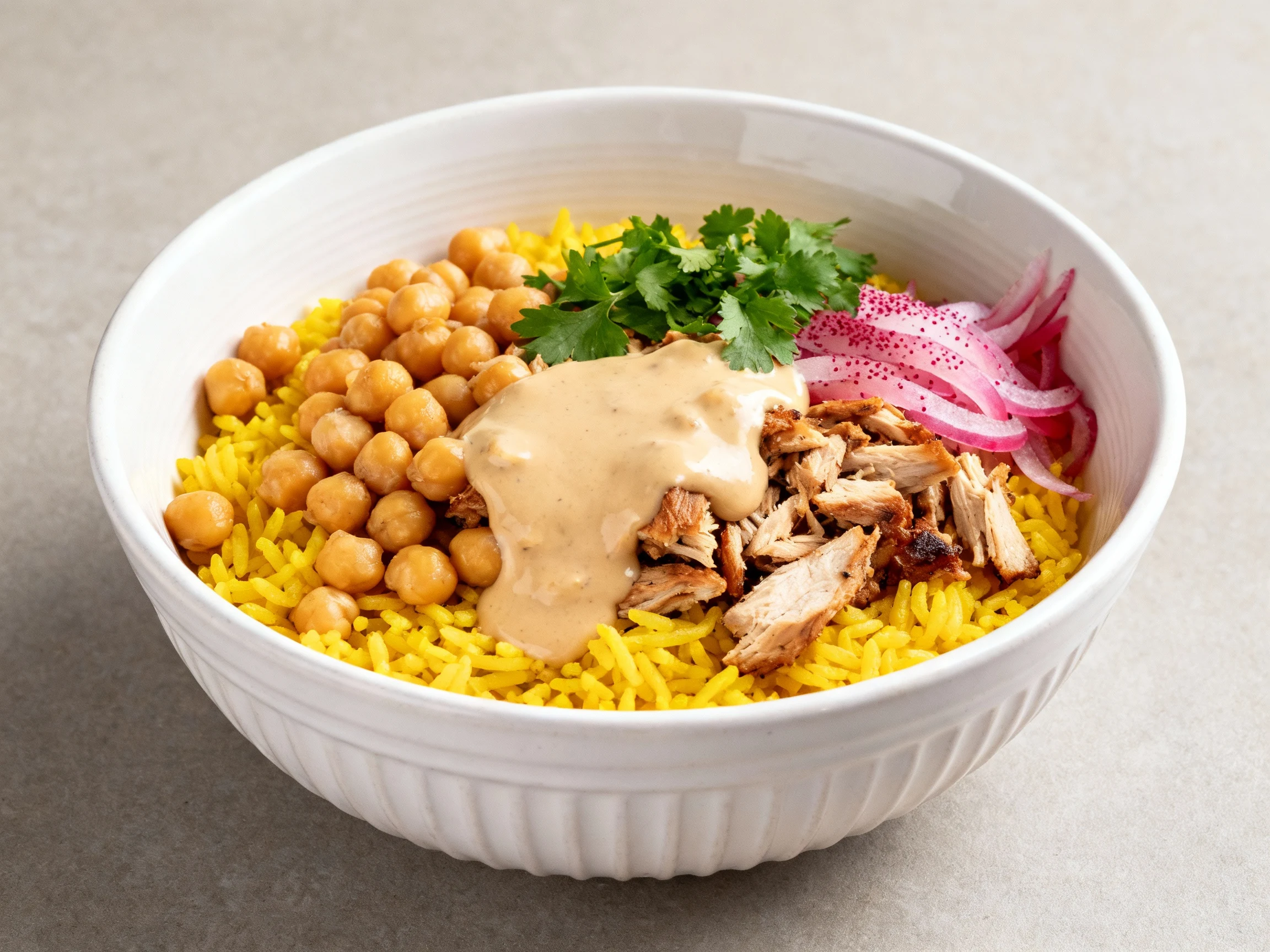Food photography, 4. Final plated rice bowl: turmeric rice with chickpeas topped with chopped chicken shawarma, generous
