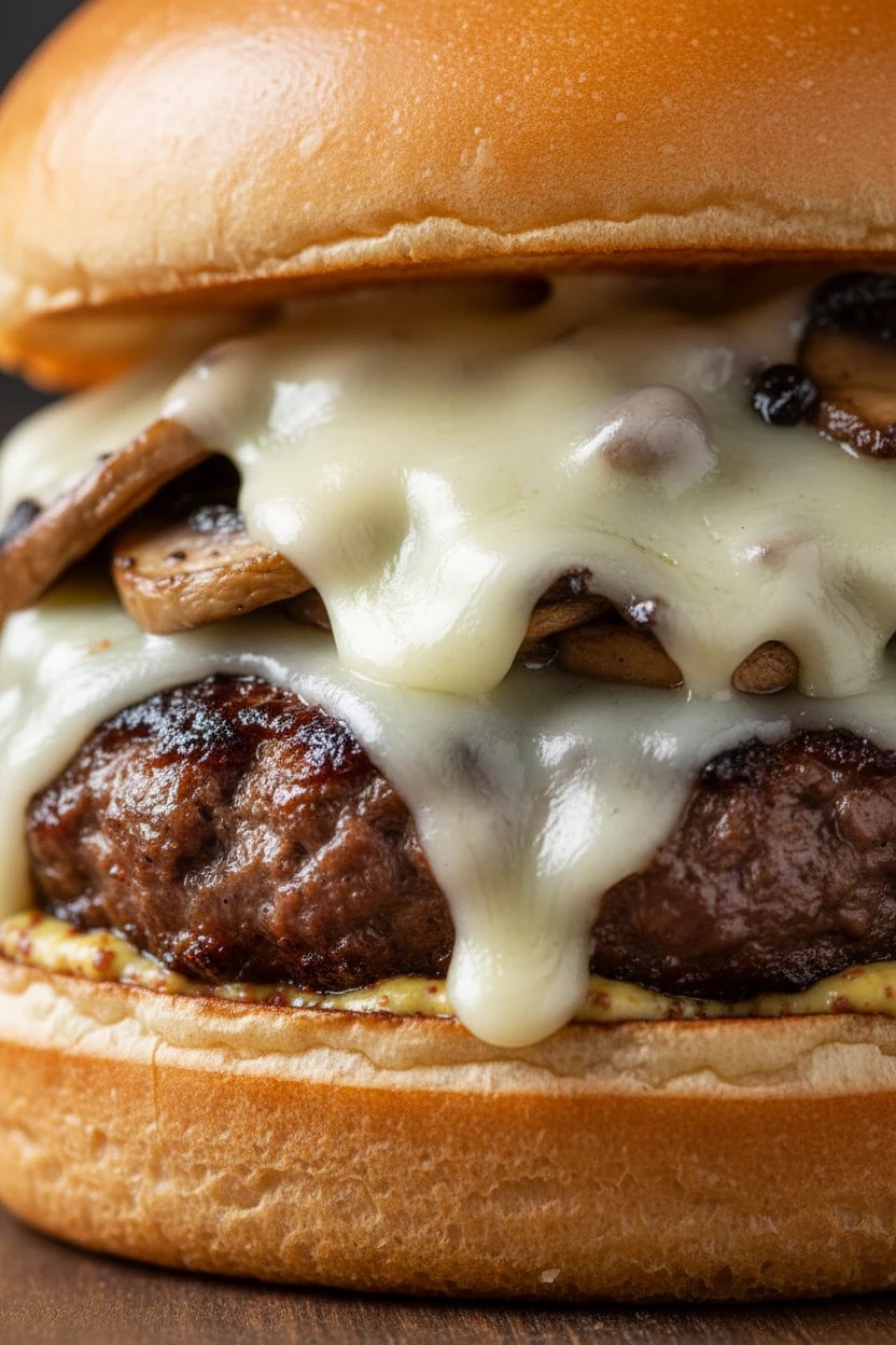 Close-up detail: mushroom Swiss burger—deep brown crust, gooey Swiss draping over sautéed cremini mushrooms with buttery
