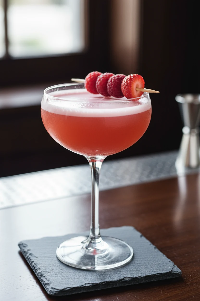 4. Beautifully presented Vodka Berry Sour in a coupe, vibrant blush-pink from raspberry/strawberry syrup, glossy surface