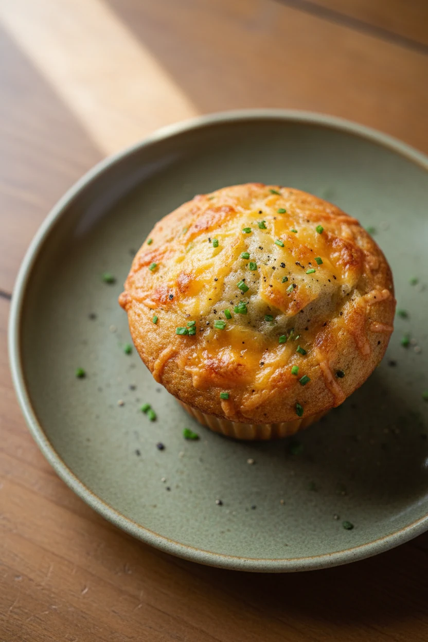 Beautifully plated savory cheddar chive muffin on a matte ceramic plate, golden crust with visible melted cheddar pocket