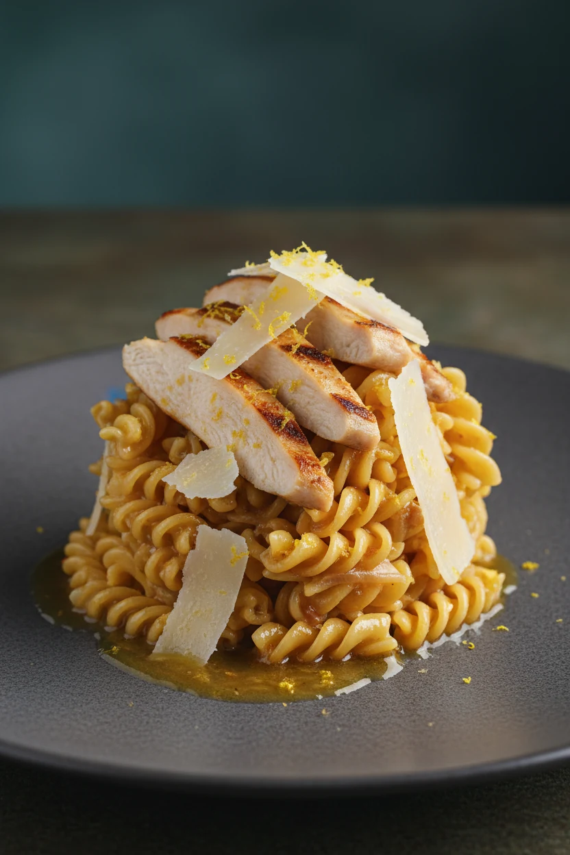 Final dish presentation: rotini topped with sliced golden chicken, silky sauce pooling lightly, lemon zest confetti, sha