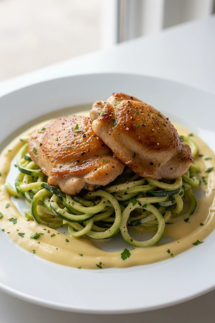 Restaurant plating: juicy chicken thighs over zoodles coated in velvety lemon–garlic cream; parsley and cracked pepper o