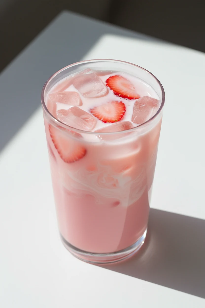4. Final presentation: Pink Drink in a clear tumbler with coconut milk swirl, translucent ice, and floating sliced straw