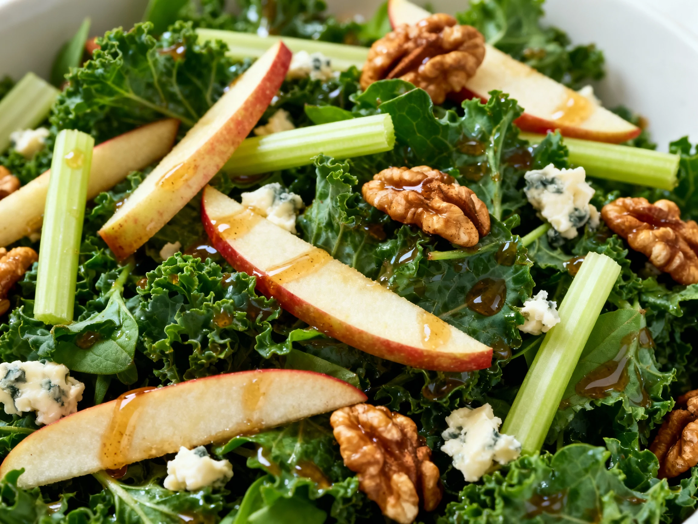 Food photography, Close-up detail of Crunchy Apple-Walnut salad: baby kale/spring mix lightly coated in apple cider vina