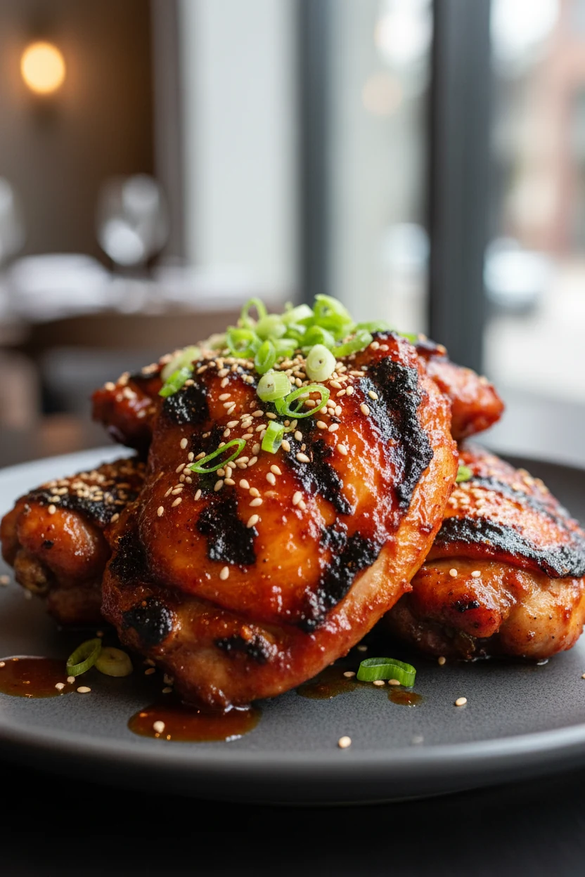 Beautifully plated Korean gochujang–glazed grilled chicken thighs with pronounced char, shiny red glaze (gochujang, soy,