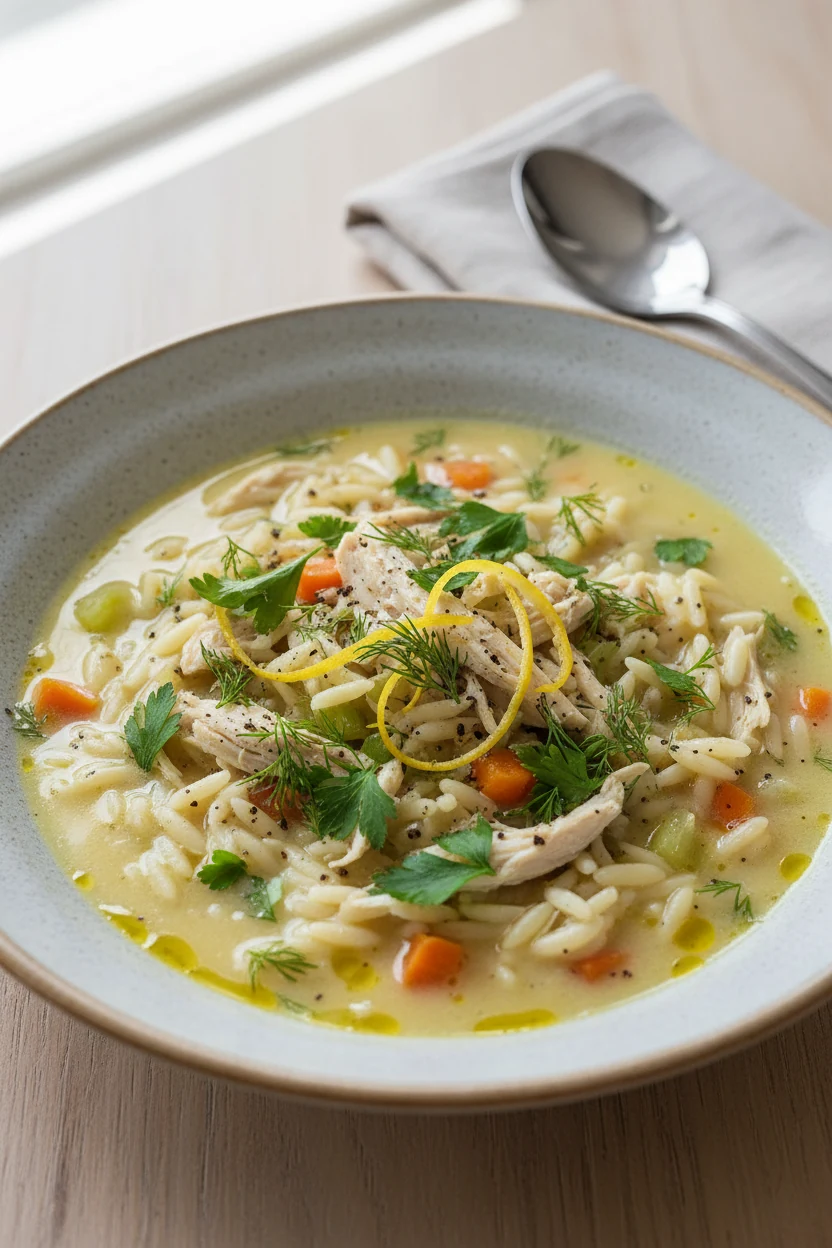 Final dish: lemon orzo ‘avgolemono-lite’ chicken soup—silky, lightly opaque broth clinging to orzo with shredded chicken