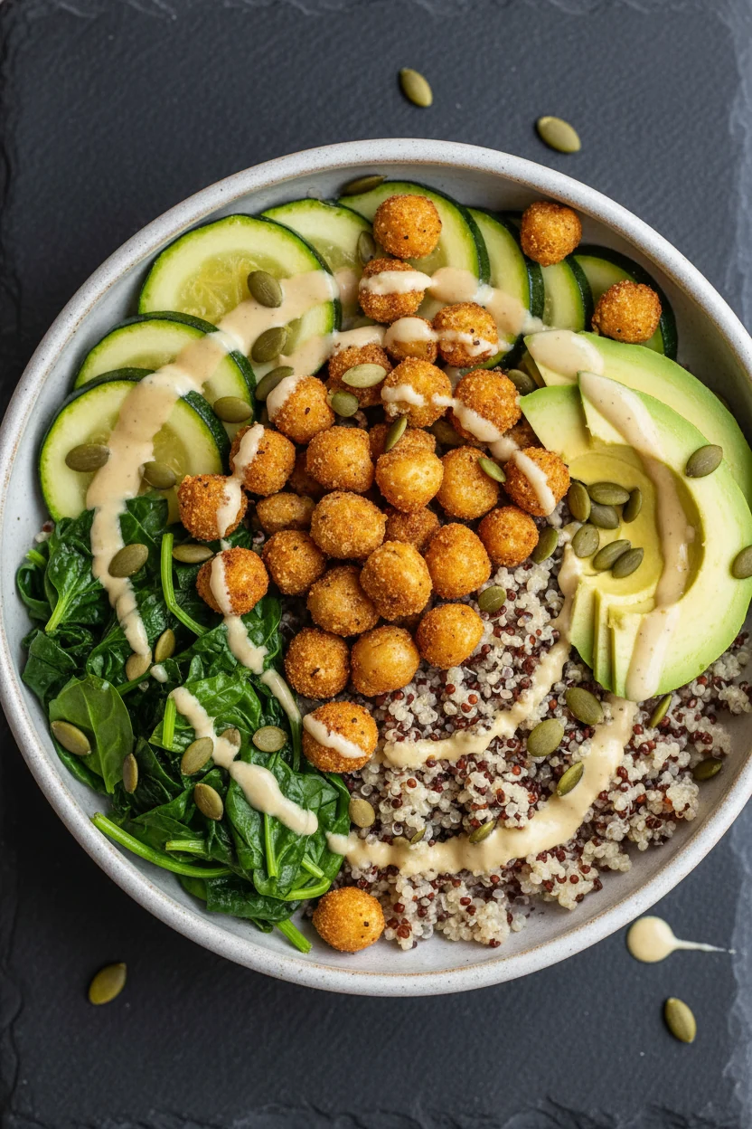 Vegan plant-powered bowl: crisped chickpeas over quinoa with tahini-lemon drizzle, extra zucchini and wilted spinach, av
