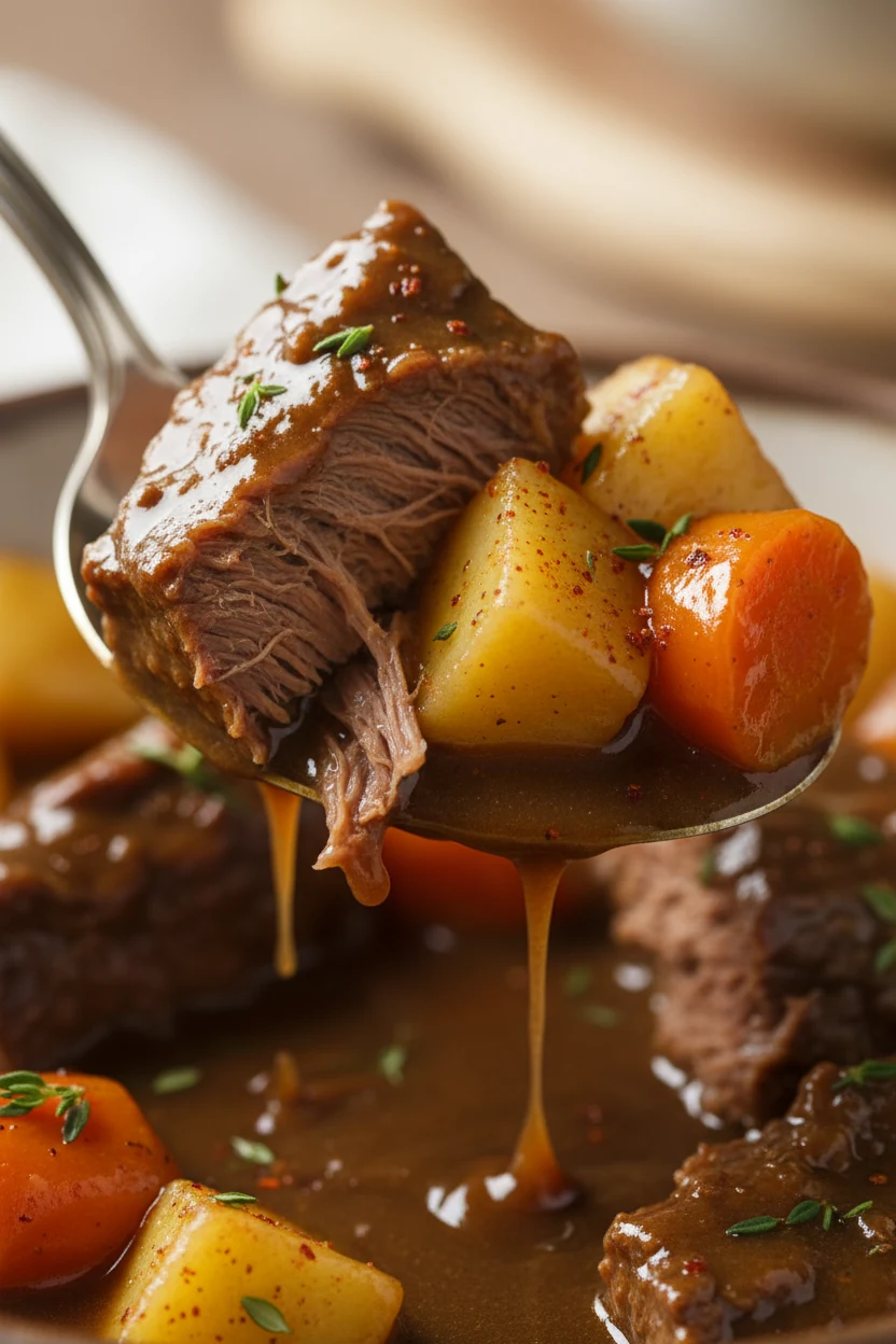 Macro spoon lift: a chunk of chuck roast breaking apart with golden potato and carrot, coated in spoon-thick glossy grav