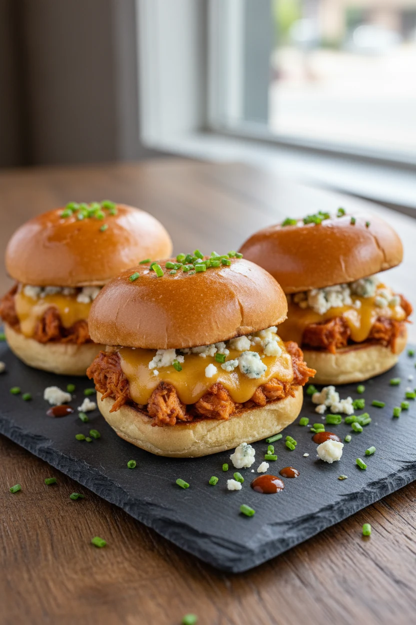 Final plated variation: Buffalo chicken sliders on a dark slate board, orange-tinted Monterey Jack melt, blue cheese cru