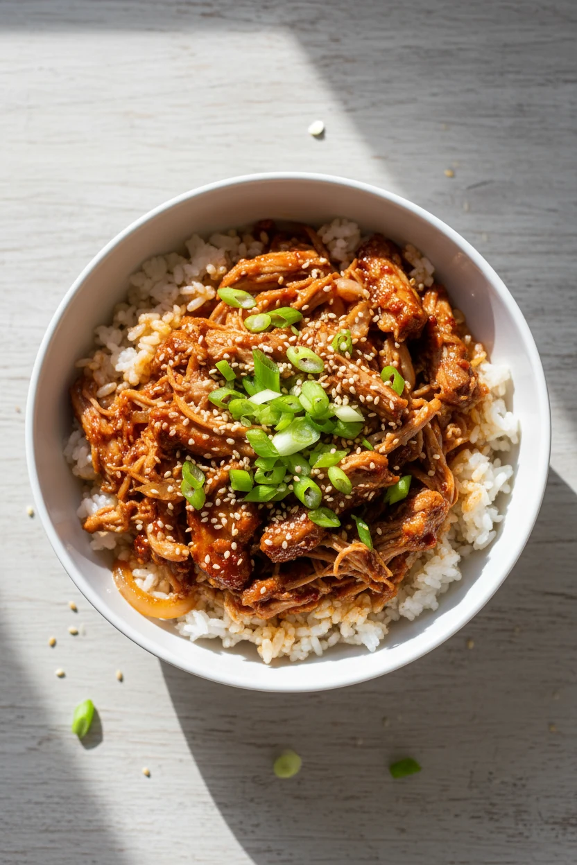 4. Overhead Korean BBQ pulled pork rice bowl: glossy strands tossed in gochujang-soy sauce, topped with sliced scallions