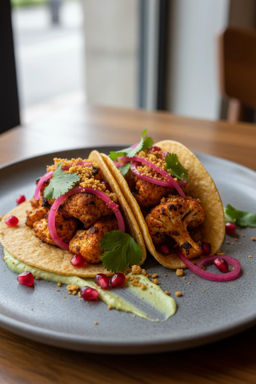 Final dish presentation: two tandoori cauliflower tacos on a matte ceramic plate with a swoosh of avocado‑lassi crema, v