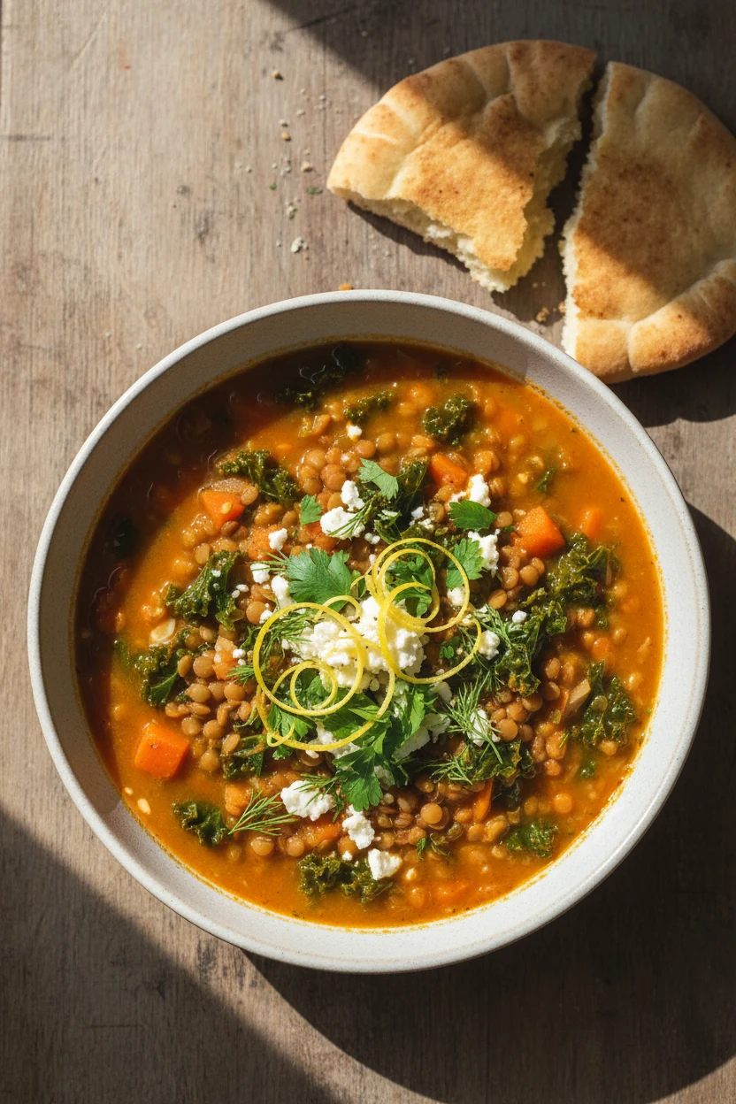 4. Variant final: Lemon-herb bright lentil stew—overhead bowl without coconut milk, vivid orange base with tender lentil