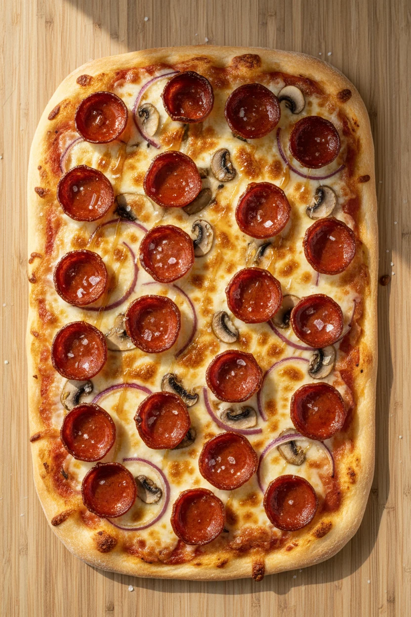 4. Overhead shot of rectangular sheet-pan pizza: golden par-baked crust, cup-and-char pepperoni, pre-sautéed mushrooms a