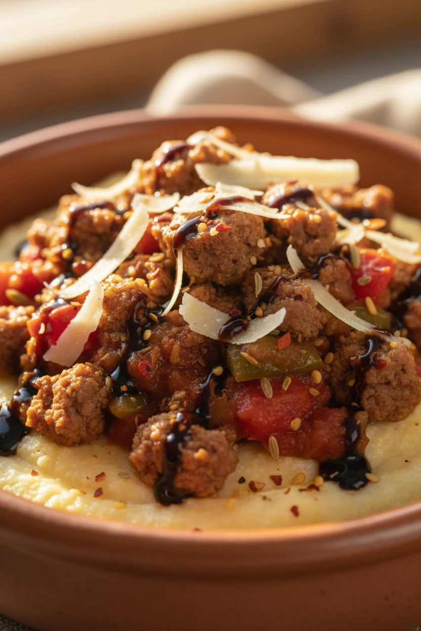 Close-up of creamy polenta crowned with Italian sausage and pepper-tomato sauce, visible fennel seeds and red pepper fla