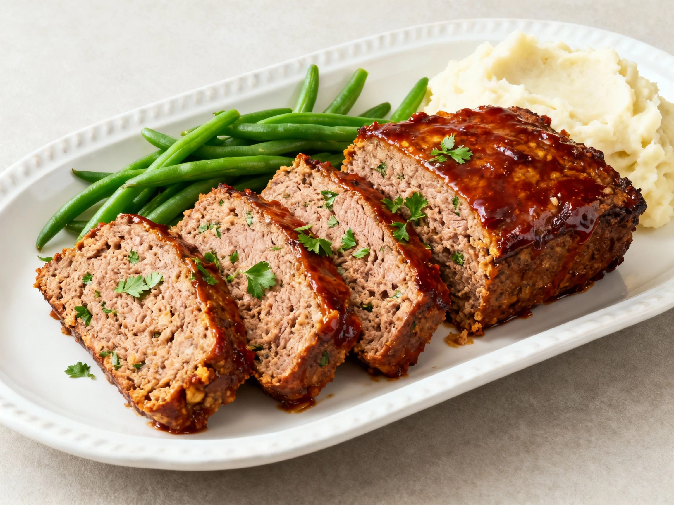 Food photography, Overhead shot of sliced maple-chipotle glazed meatloaf arranged neatly on a white ceramic platter, eac