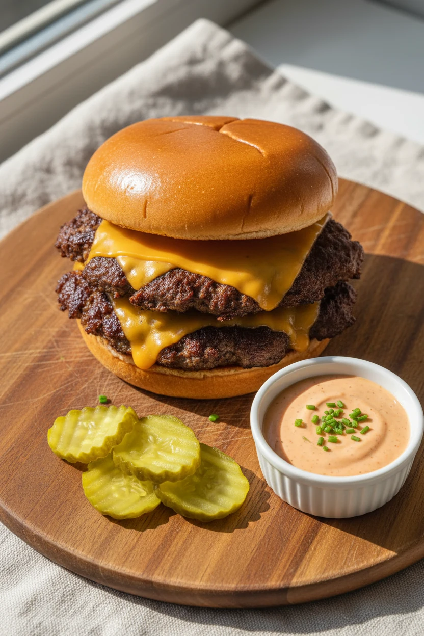 Top-down smash-style double cheeseburger: lacy, crispy edges, molten American cheese between stacked thin patties on a t