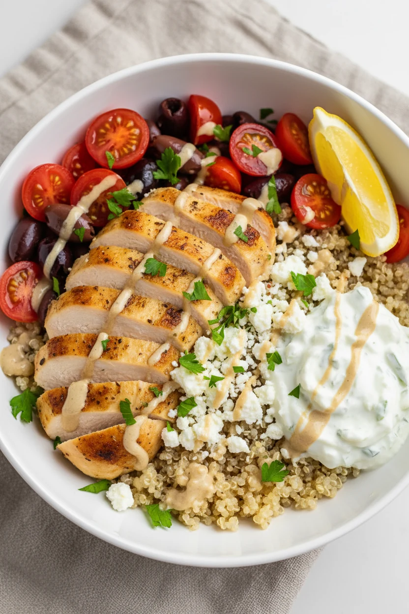 4. Beautifully plated Mediterranean bowl: sliced roasted chicken over fluffy quinoa, cherry tomatoes and kalamata olives