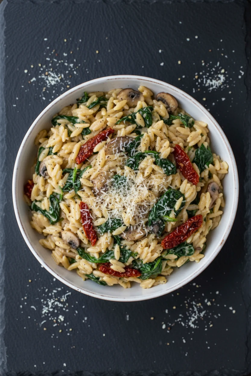 Top-down tasty shot of Tuscan-style creamy spinach orzo folded with sun-dried tomatoes and sautéed mushrooms; vibrant gr