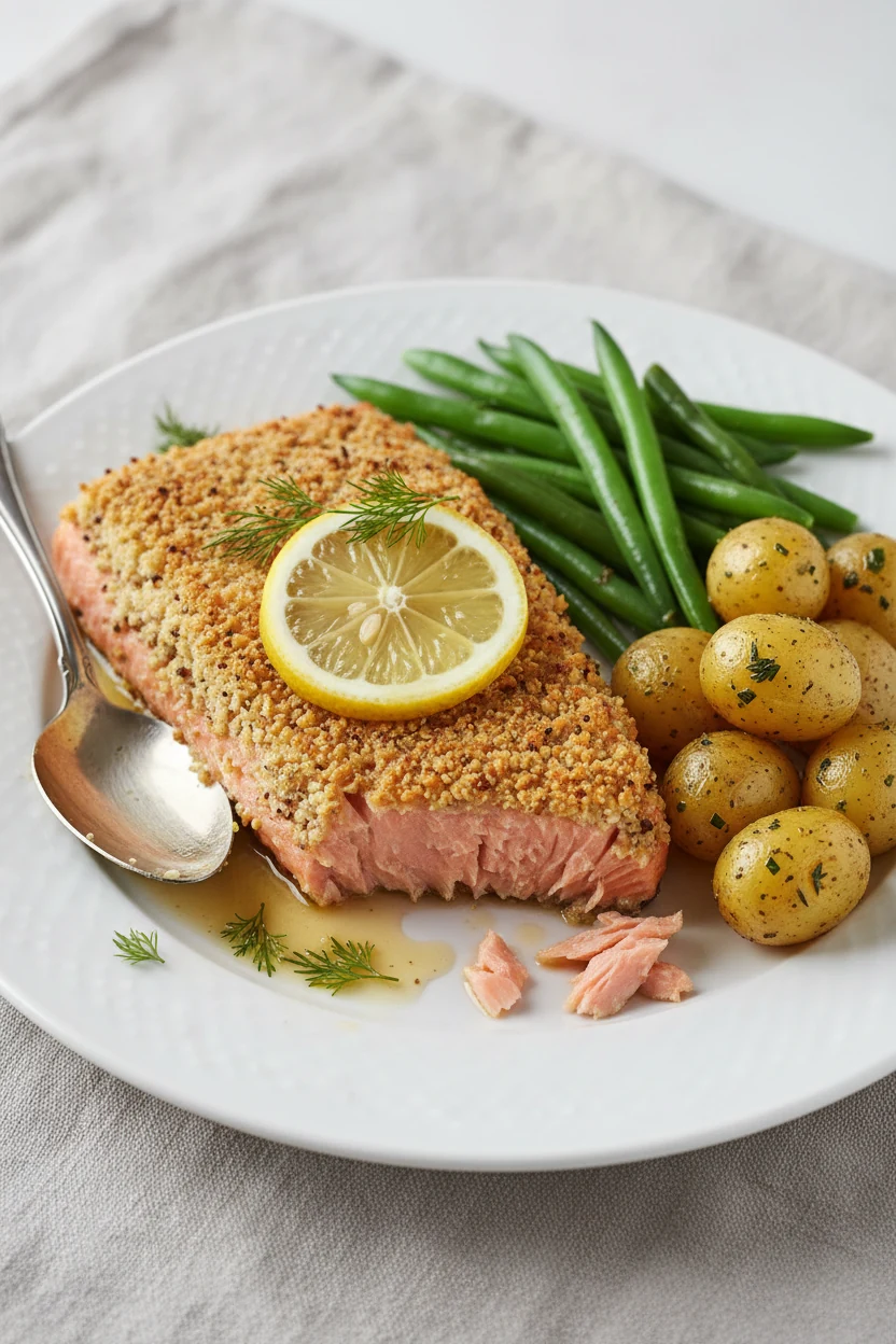 Restaurant-style plated baked salmon with honey–Dijon panko crunch: golden crisp crust and tender pink interior, spooned