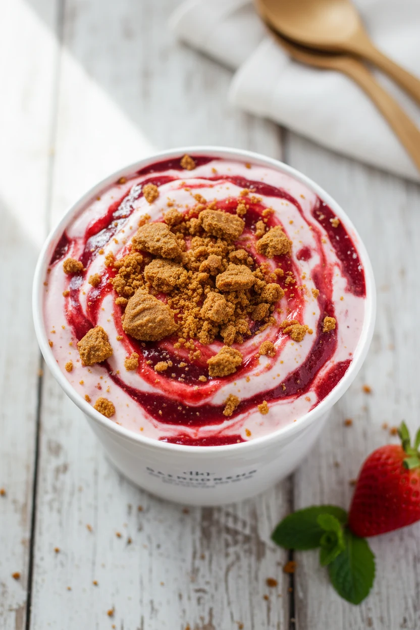 Top-down view of Strawberry Cheesecake variation in the pint, pale pink base marbled with vivid strawberry compote swirl