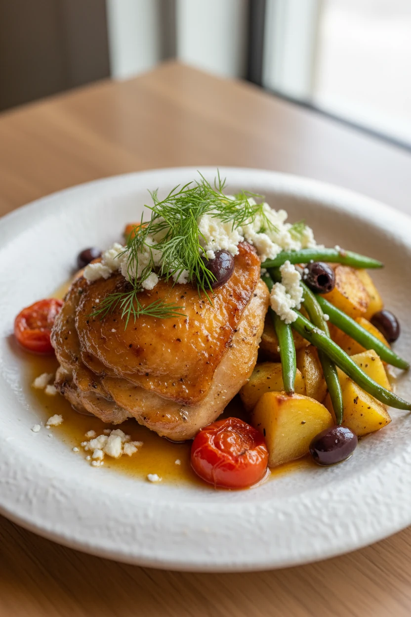 Plated Greek variation: lemon-oregano chicken thigh with golden potatoes, tender green beans, and burst tomatoes on matt