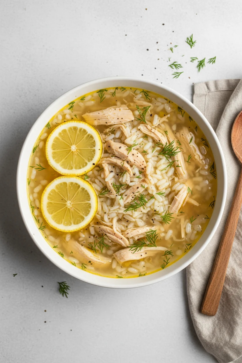 Tasty top view: Rotisserie Chicken & Lemon Rice Soup, clear golden broth with tender chicken shreds and rice, dill and t