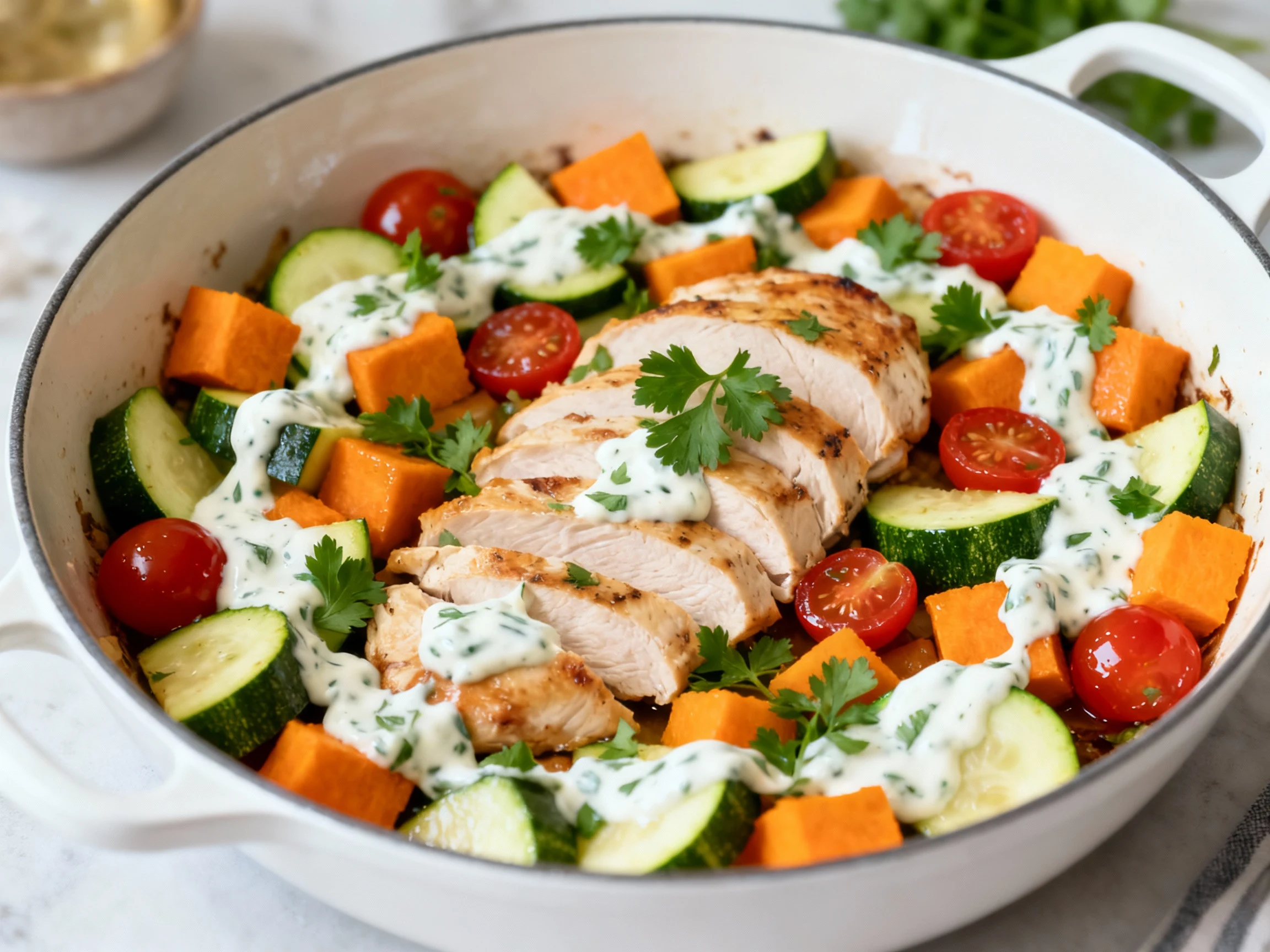 Food photography, Overhead shot of the finished sheet-pan dinner with sliced chicken and a generous array of zucchini, b