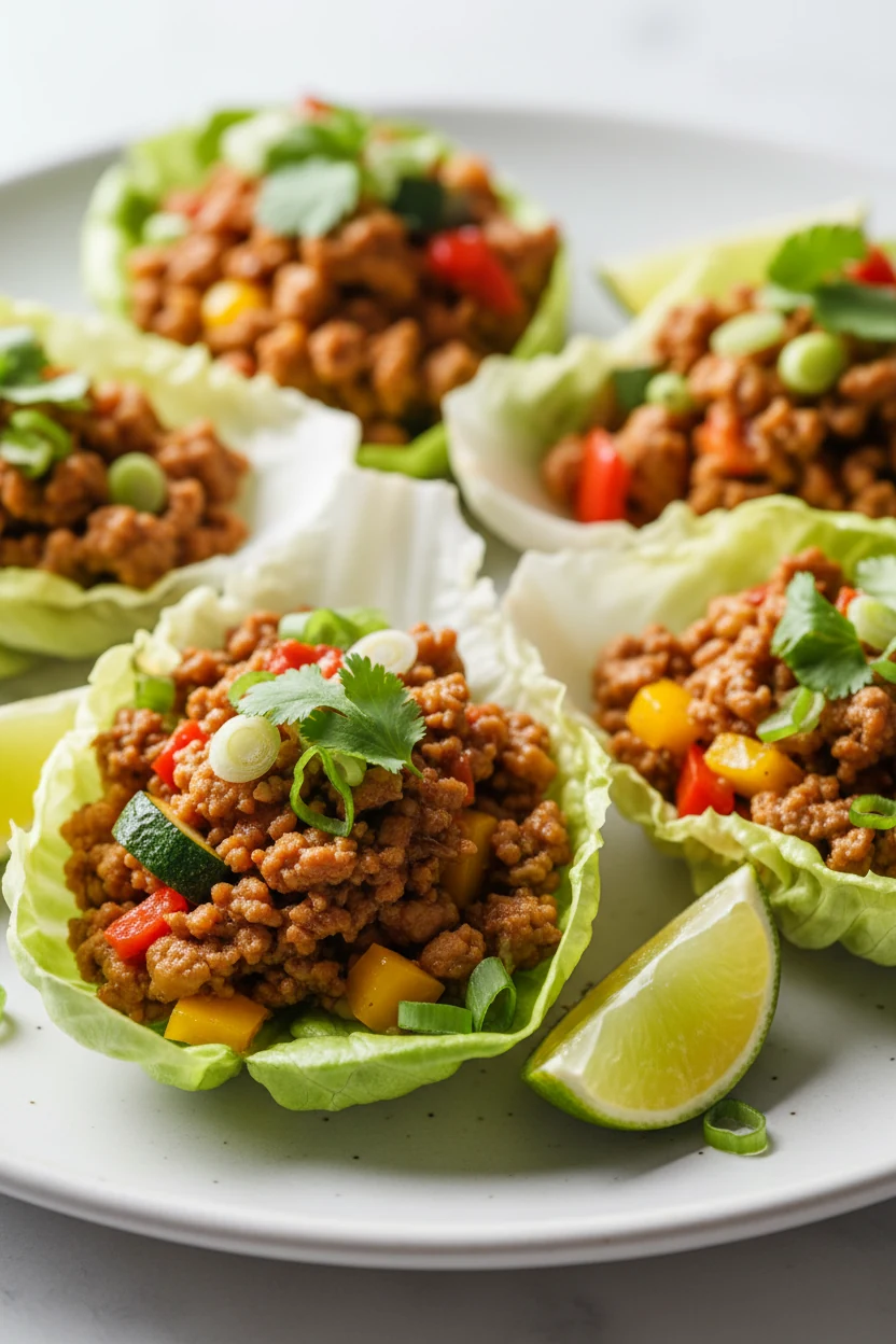 Beautifully plated butter lettuce cups filled with the glossy ground turkey mixture: vibrant peppers and zucchini tucked