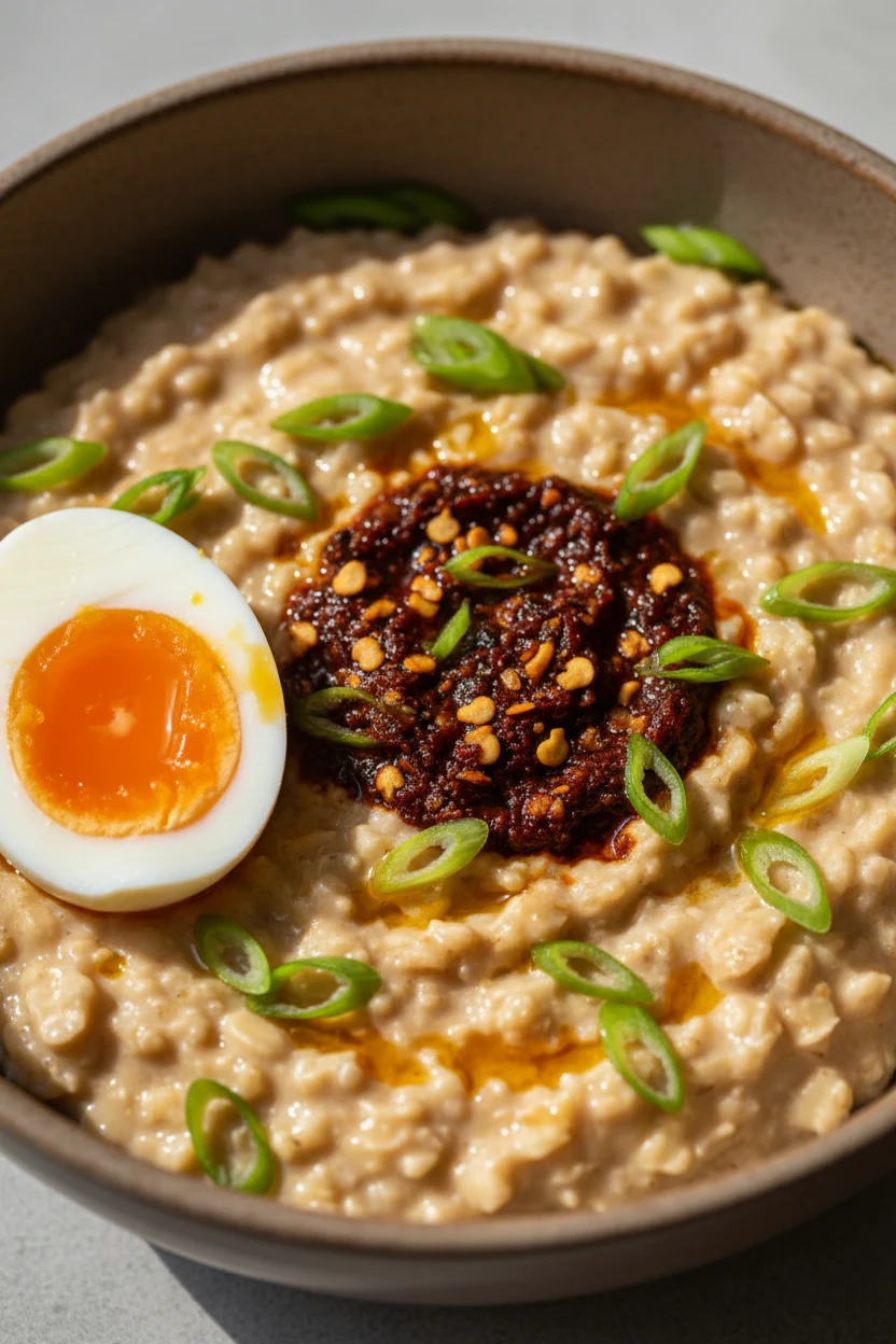Savory final bowl: miso-scallion oatmeal with sesame oil sheen, chili crisp swirl, sliced scallions, and a halved soft-b